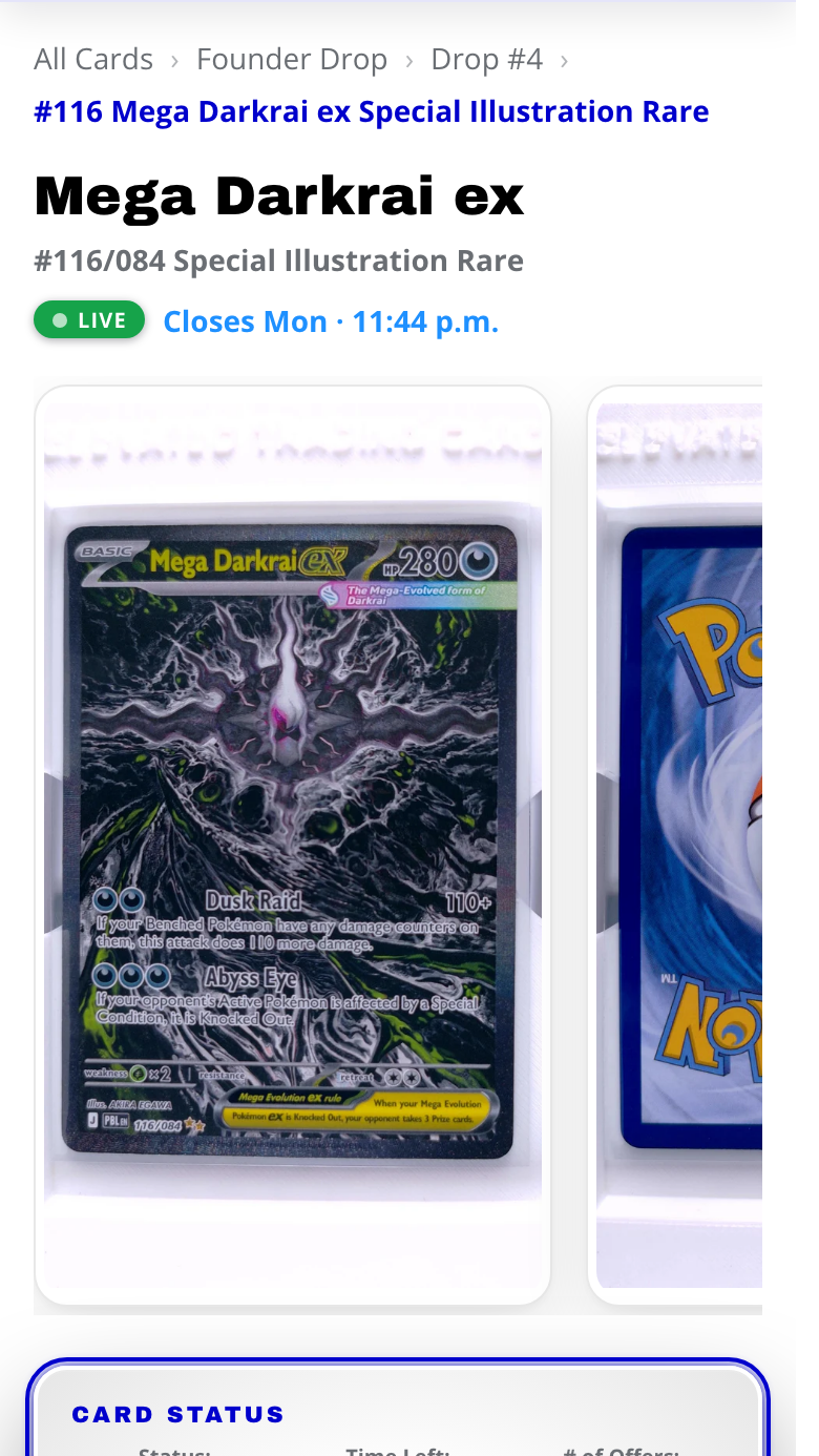A live card's page — LIVE badge, close time, full photos, offer count, and the Card Status panel