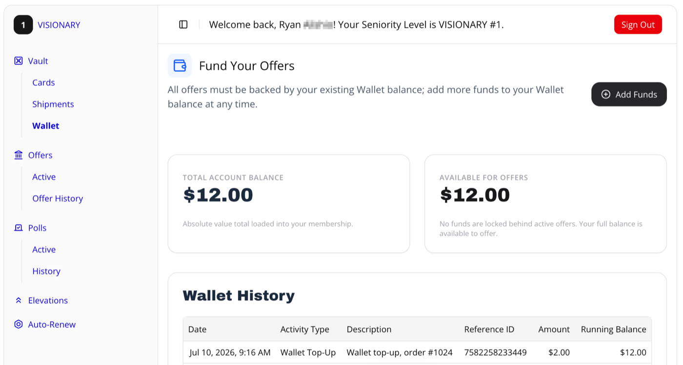 The Team Member Portal's Wallet page — your balance, what's available to offer, and the full Wallet history