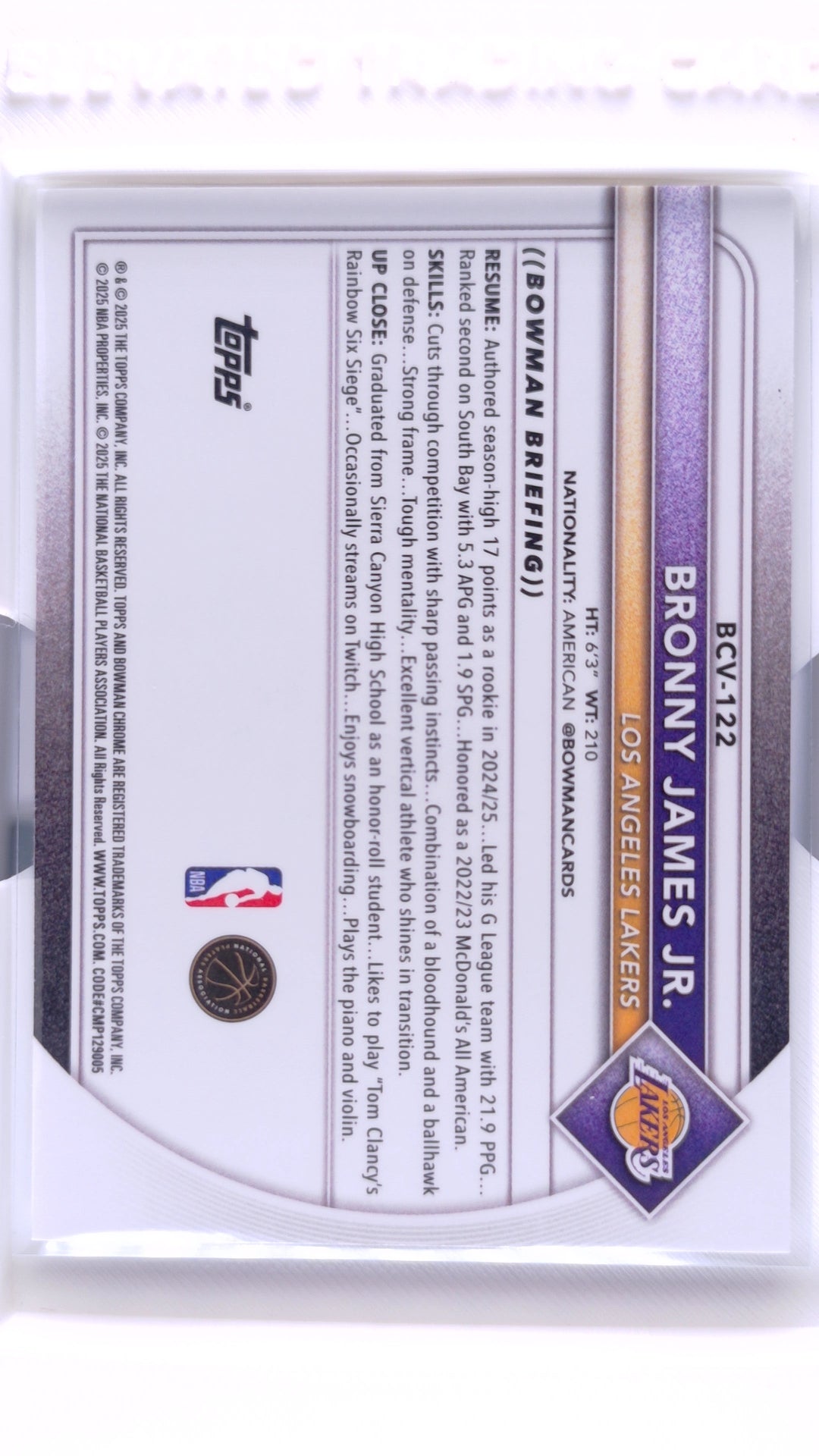 #BCV-122 Bronny James Jr. Chrome - back