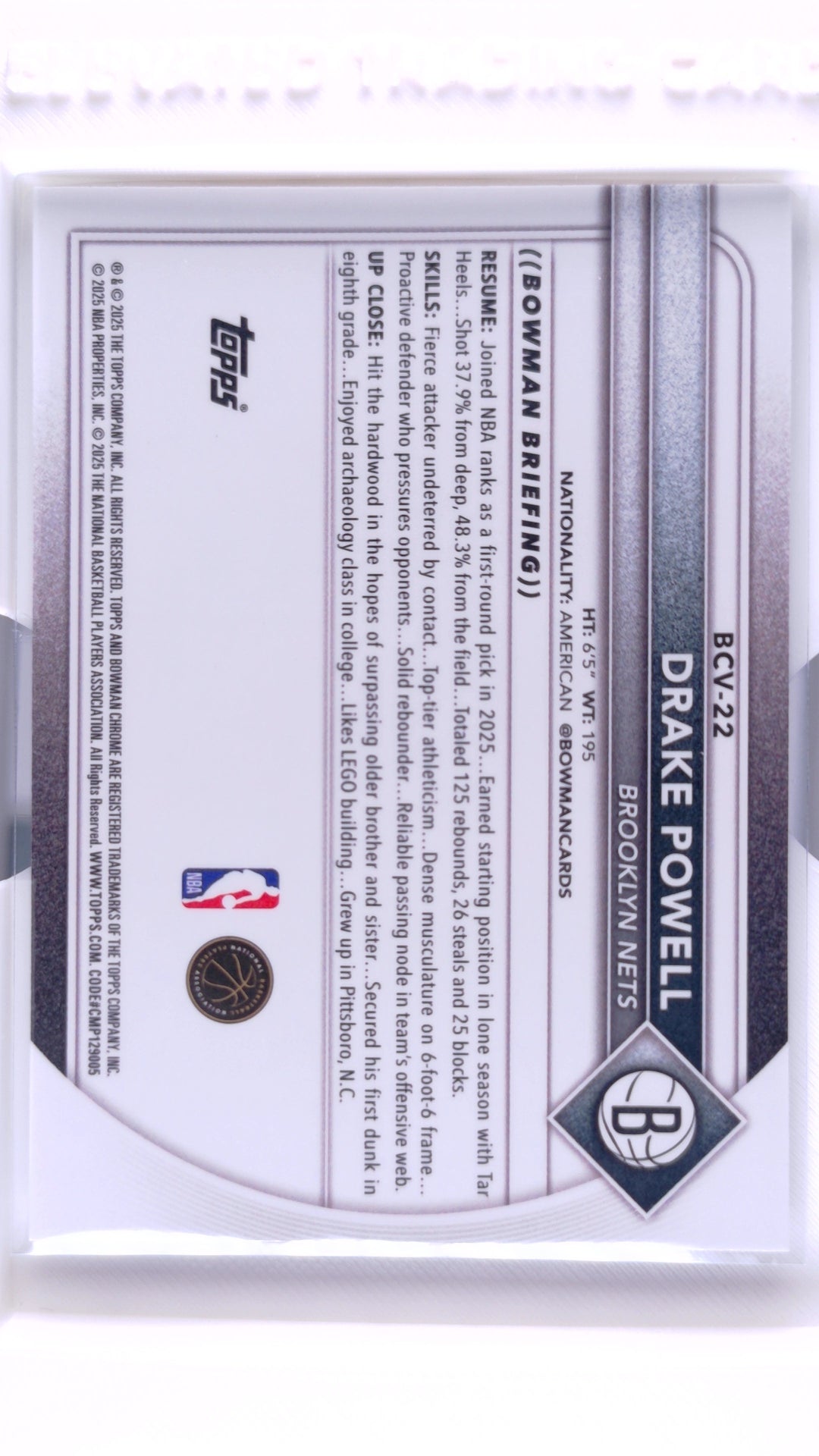 #BCV-22 Drake Powell Rookie Chrome - back