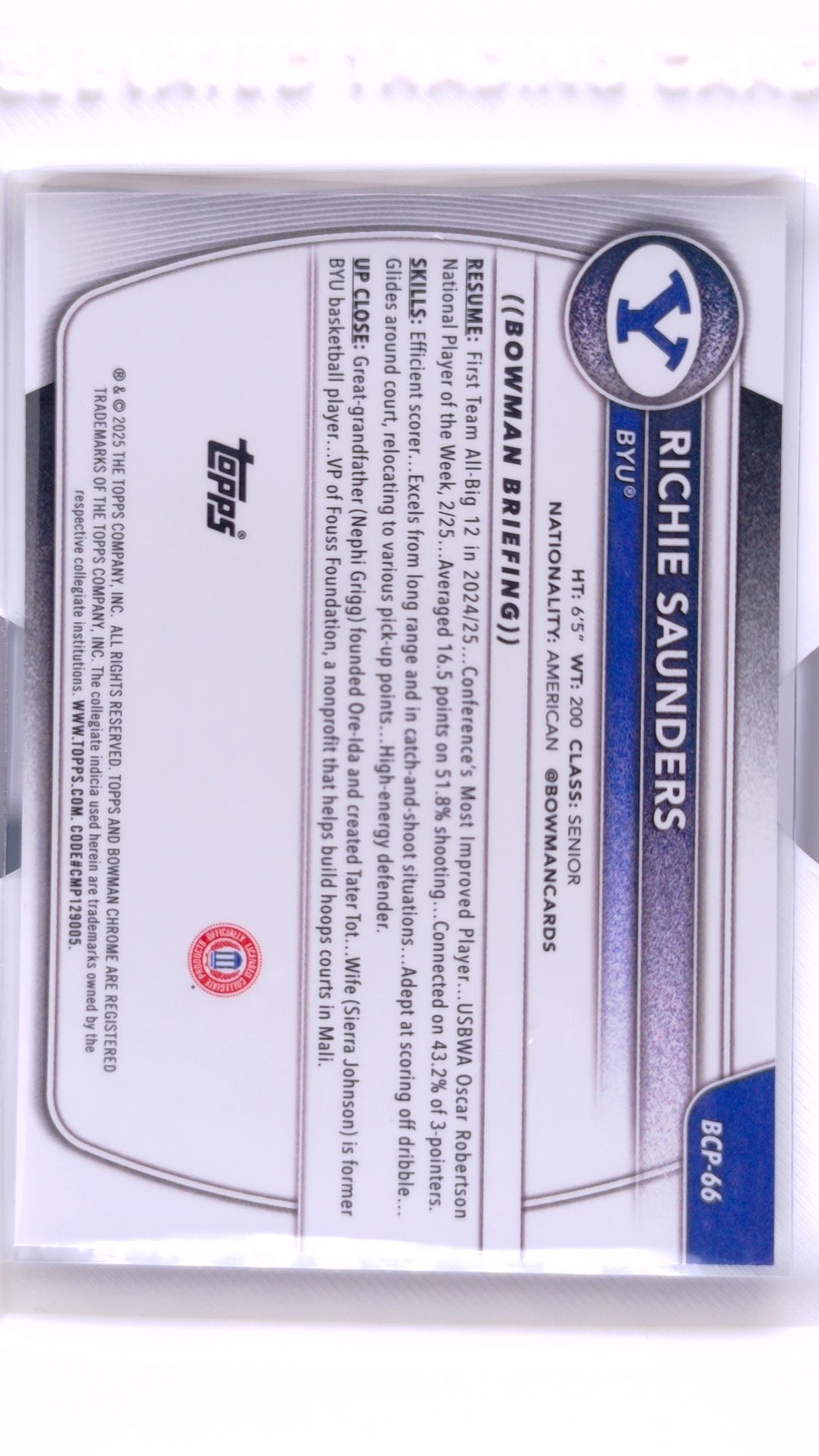 #BCP-66 Richie Saunders Chrome Prospects Purple Refractor #194/250 - back