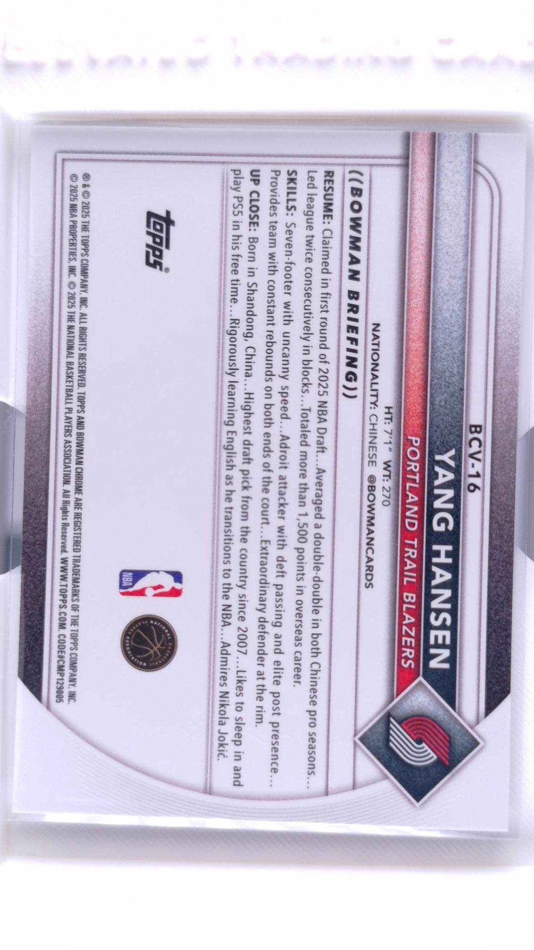 #BCV-16 Yang Hansen Rookie Chrome - back