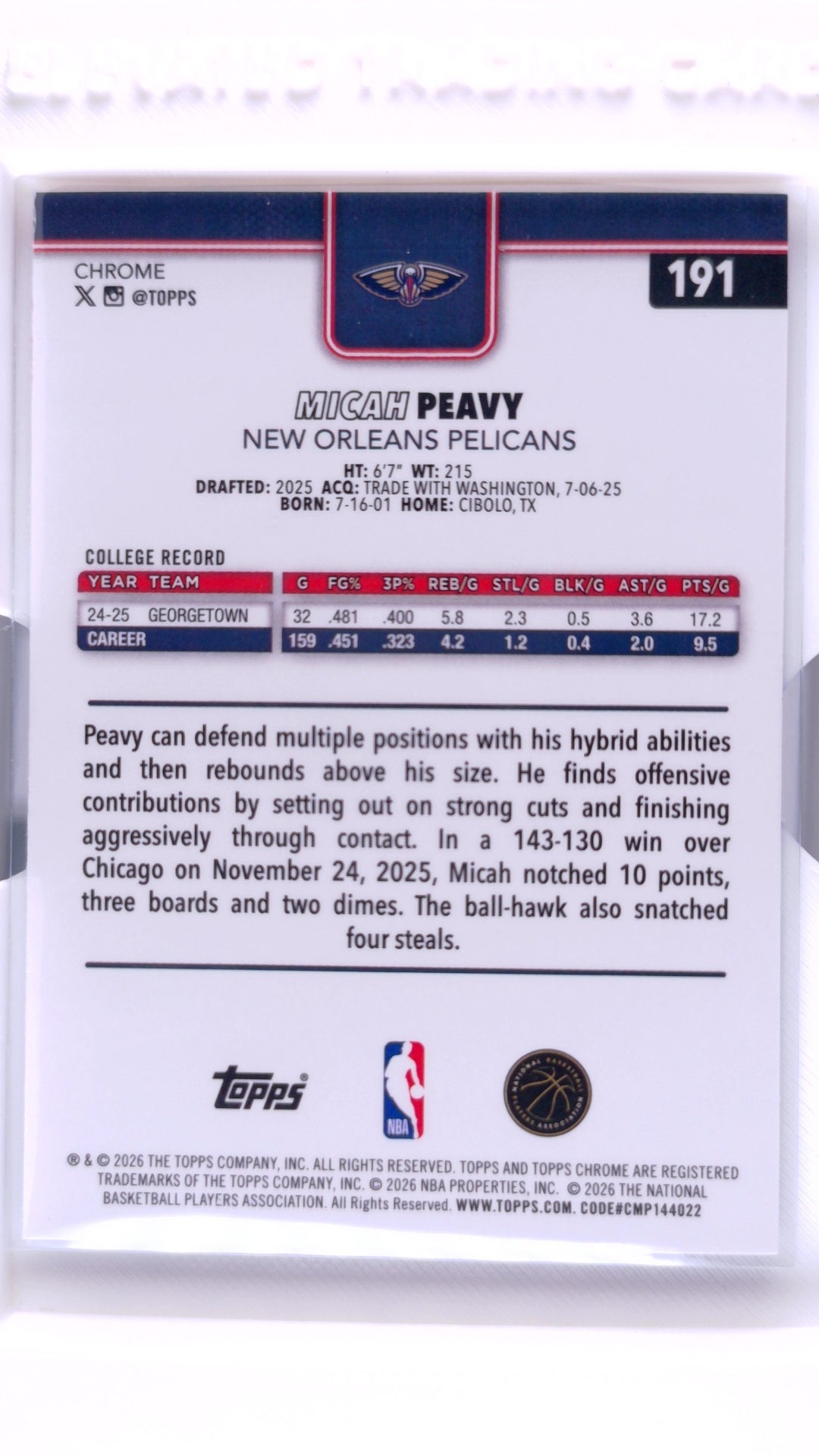 #191 Micah Peavy Rookie Red, White & Blue Refractor - back