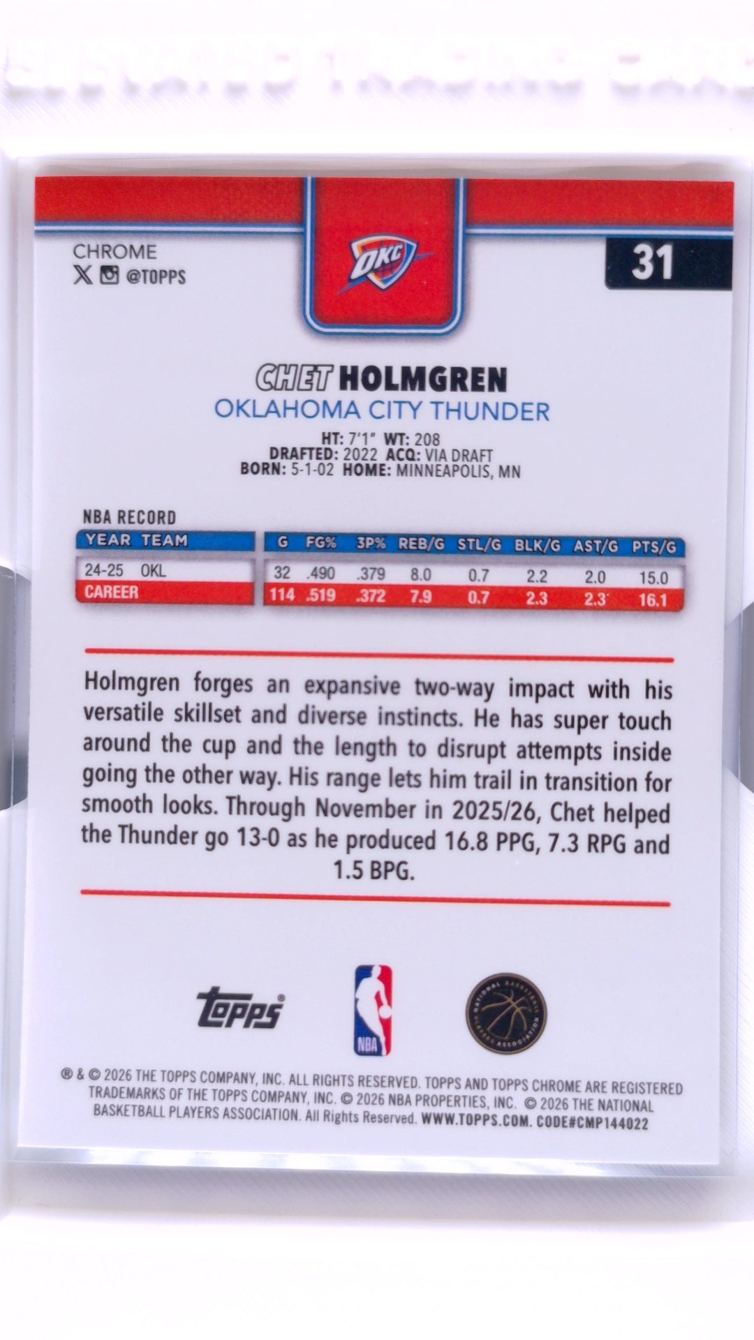 #31 Chet Holmgren Red, White & Blue Refractor - back