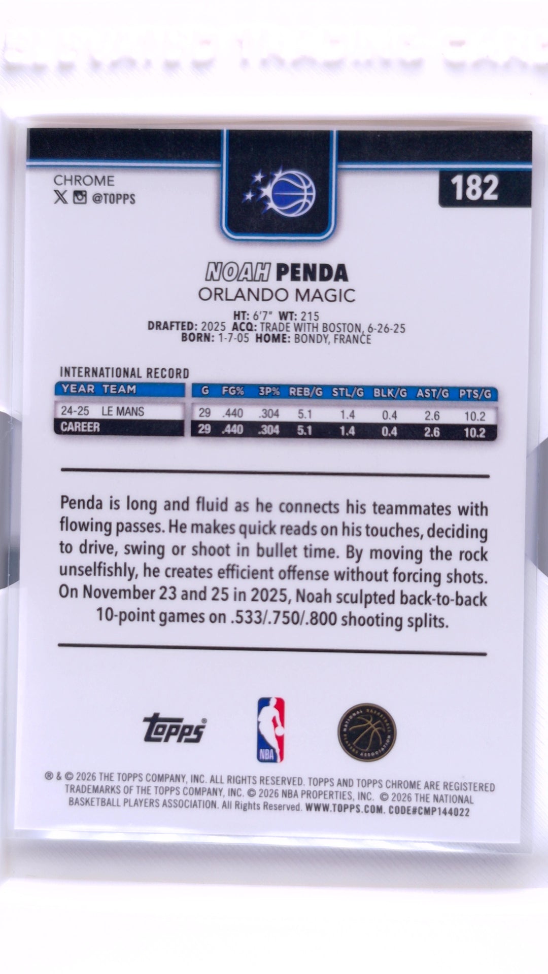 #182 Noah Penda Rookie Red, White & Blue Refractor - back