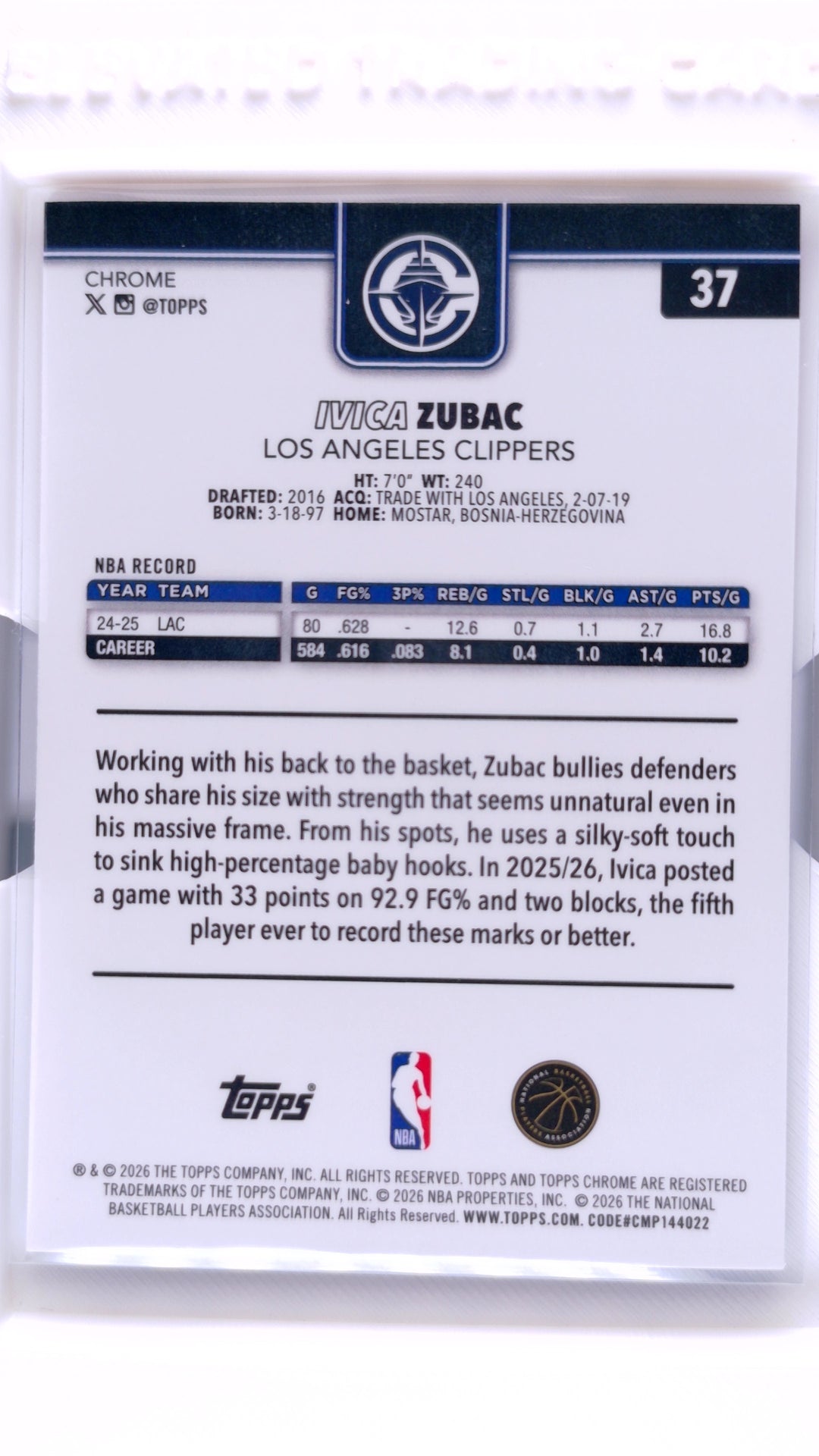 #37 Ivica Zubac Red, White & Blue Refractor - back