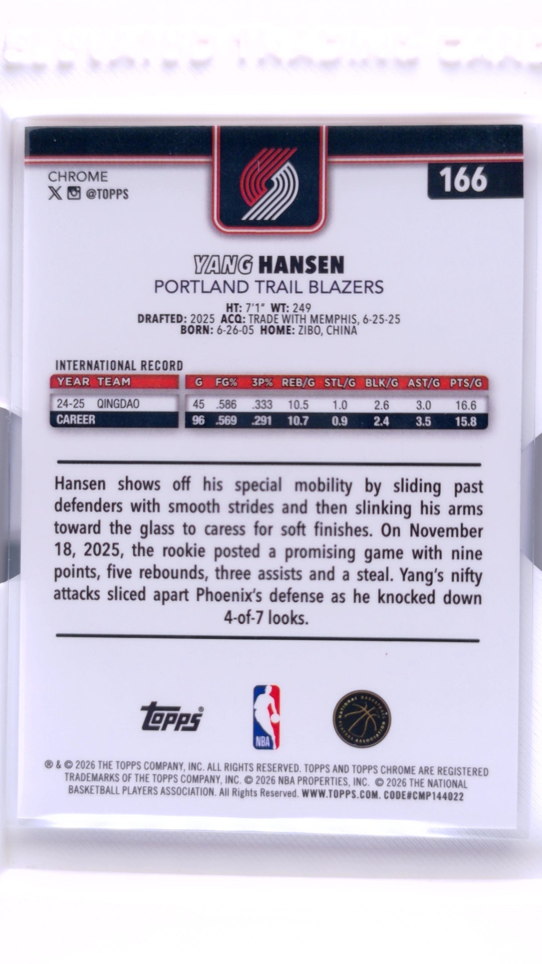 #166 Yang Hansen Rookie Red, White & Blue Refractor - back