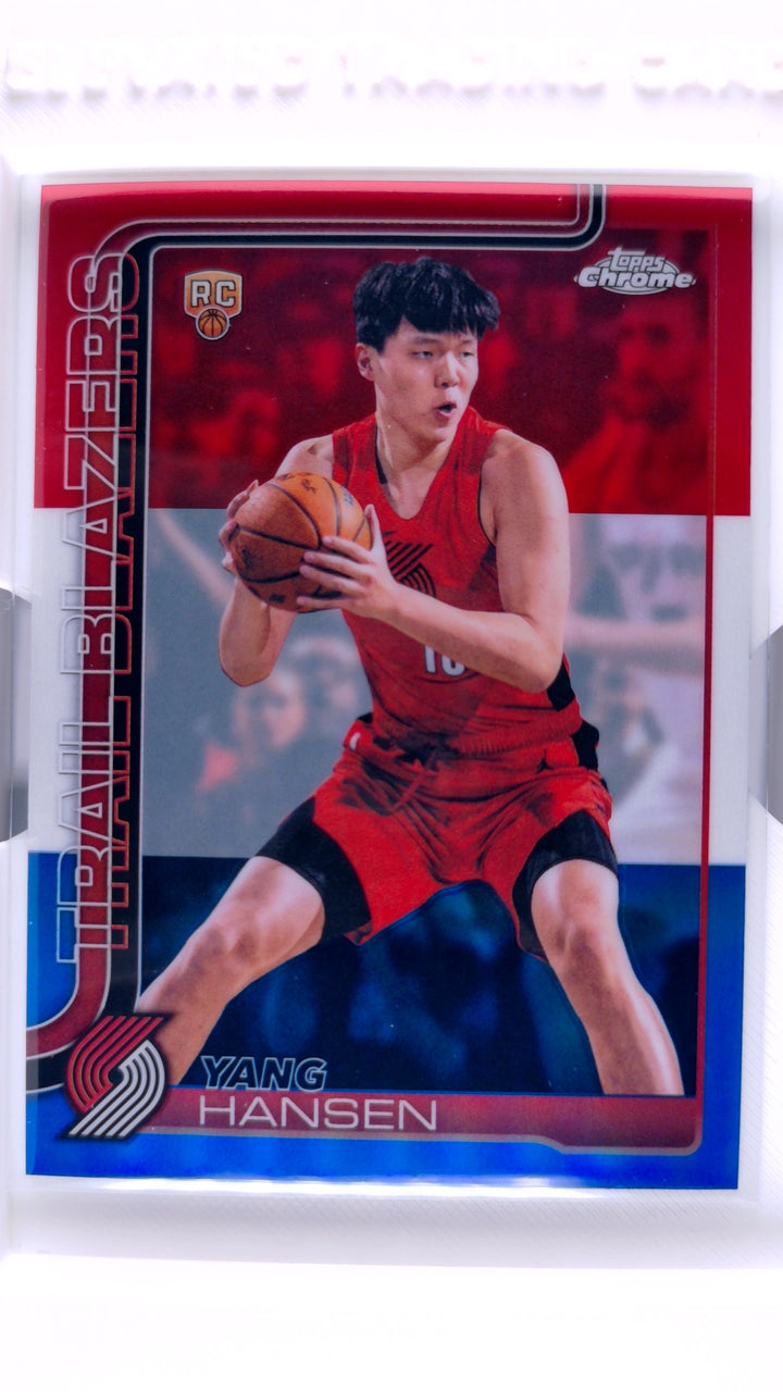 2025 Topps Chrome Update Basketball Yang Hansen #166 Red, White & Blue Refractor RC — Front
