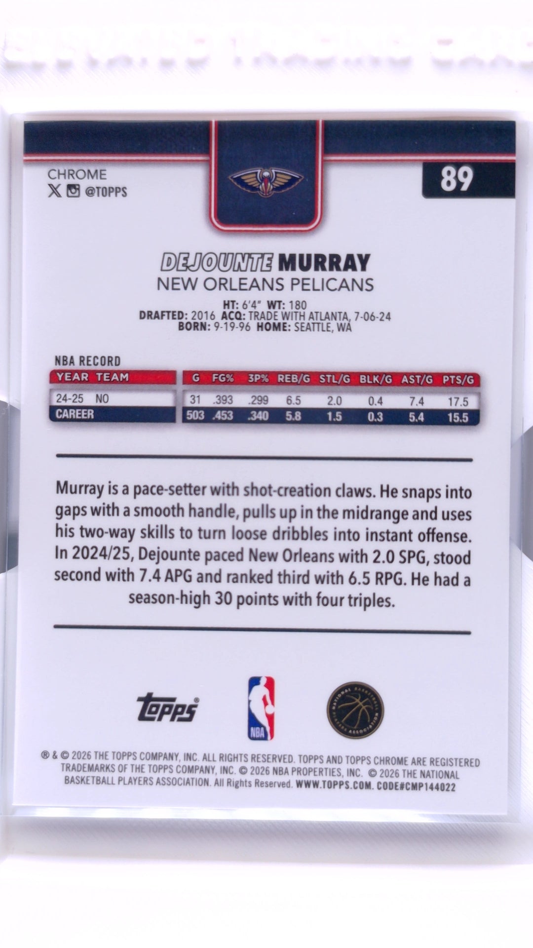 #89 Dejounte Murray Red, White & Blue Refractor - back
