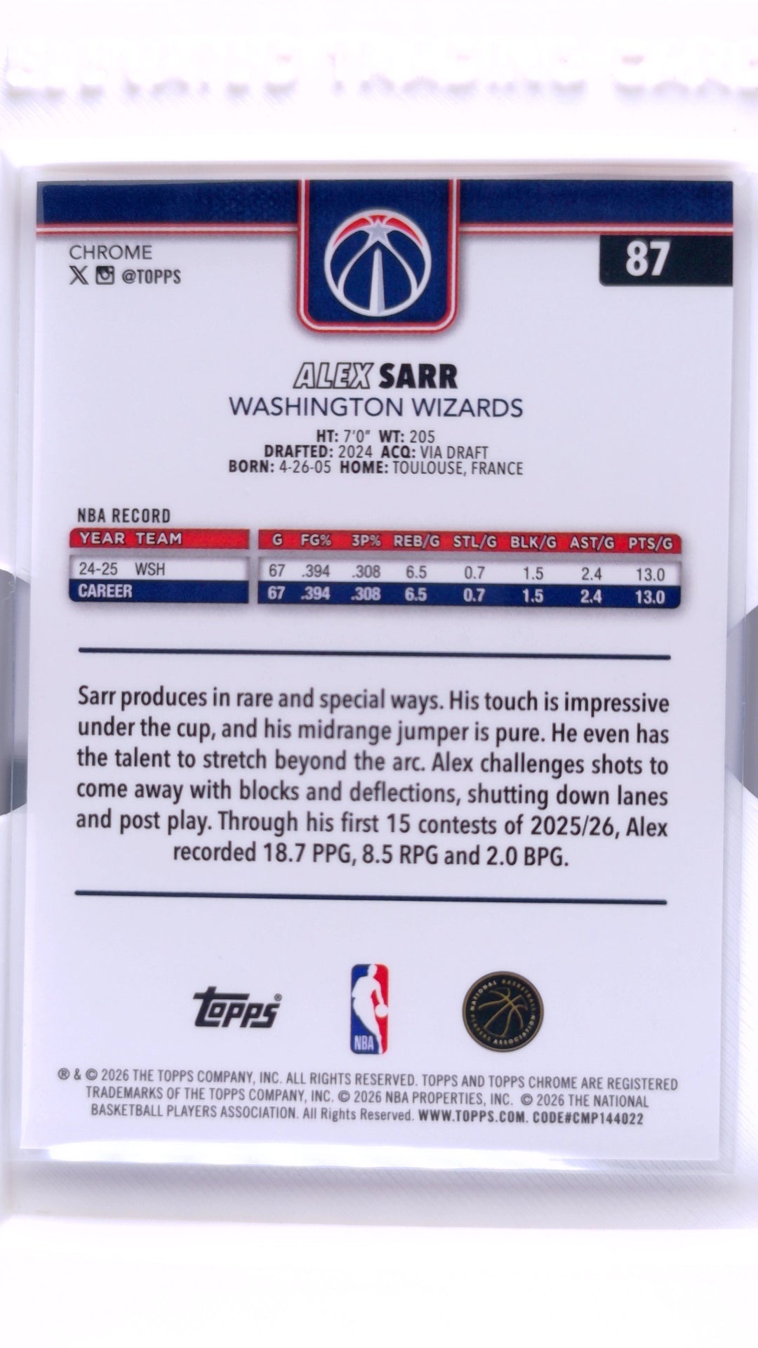 #87 Alex Sarr Red, White & Blue Refractor - back