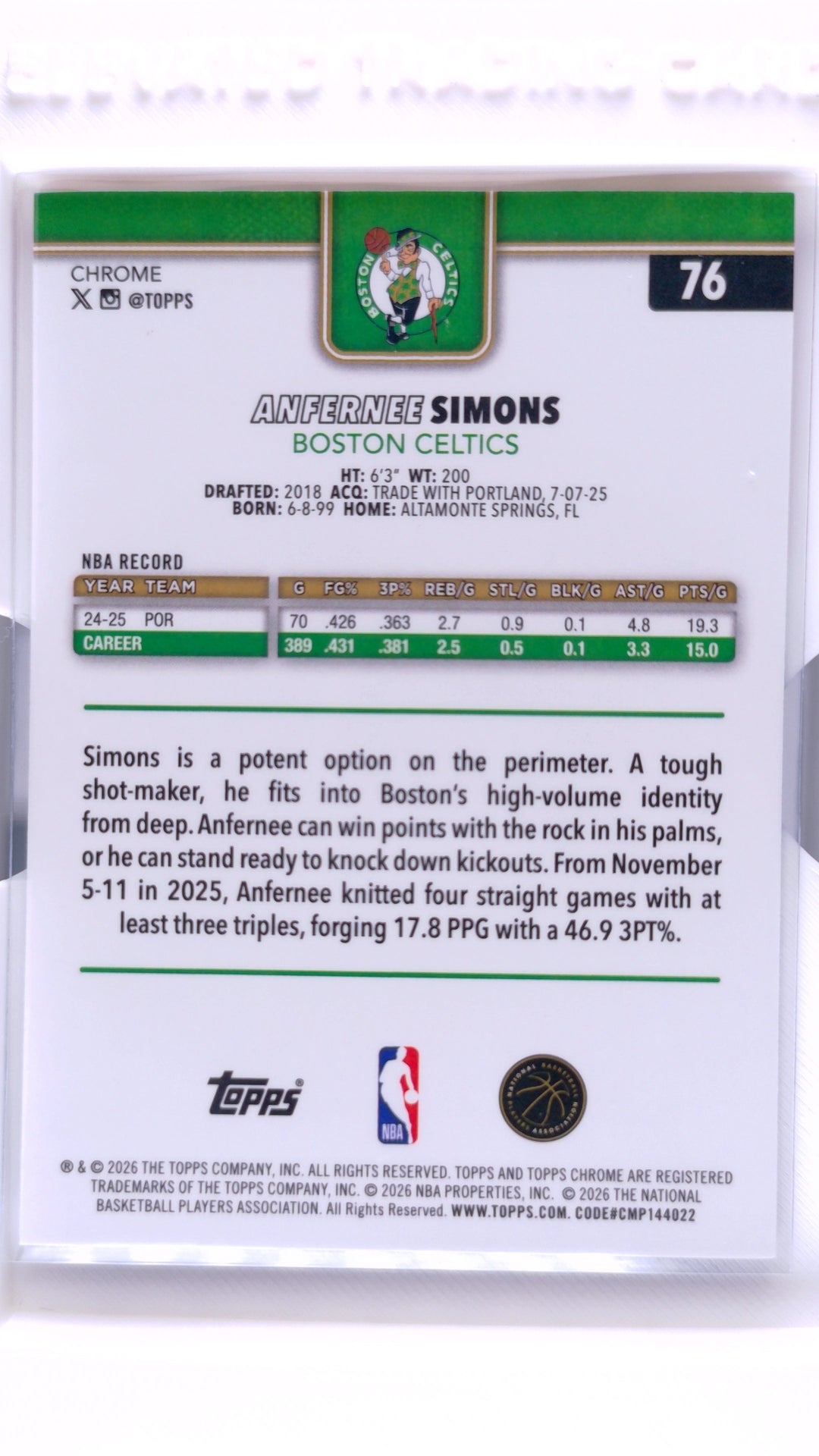 #76 Anfernee Simons Red, White & Blue Refractor - back