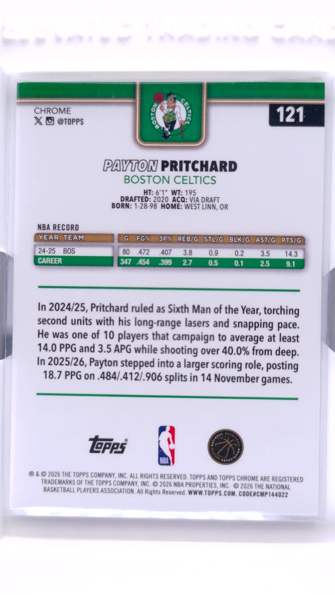 #121 Payton Pritchard RayWave Refractor - back