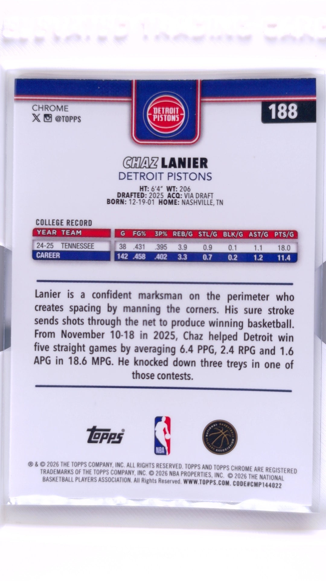 #188 Chaz Lanier Rookie RayWave Refractor - back