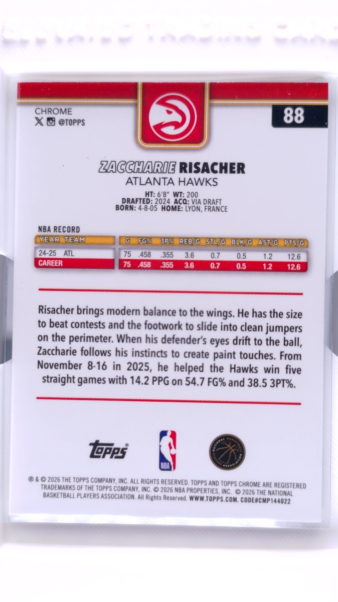 #88 Zaccharie Risacher RayWave Refractor - back