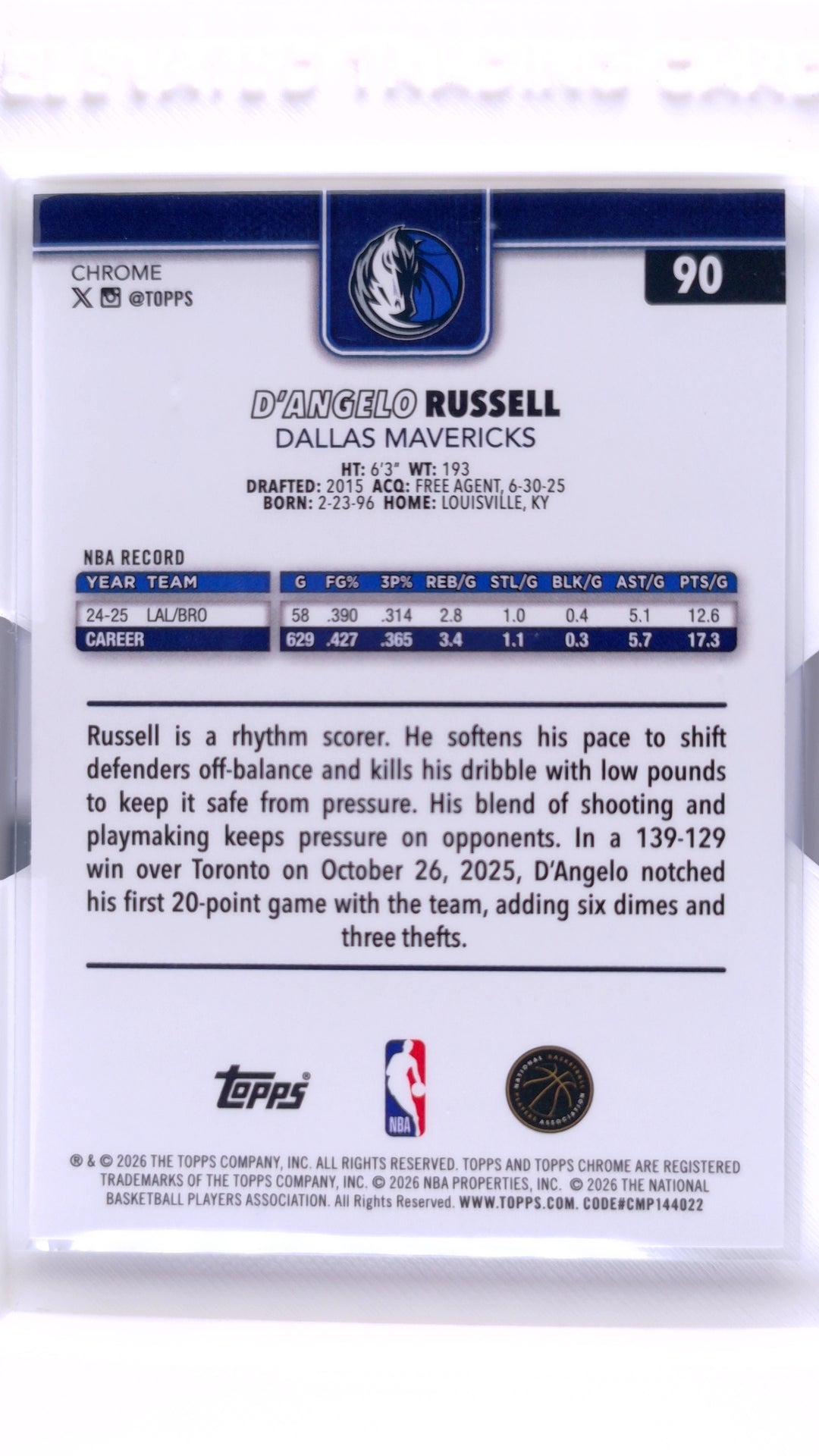 #90 D'Angelo Russell Refractor - back