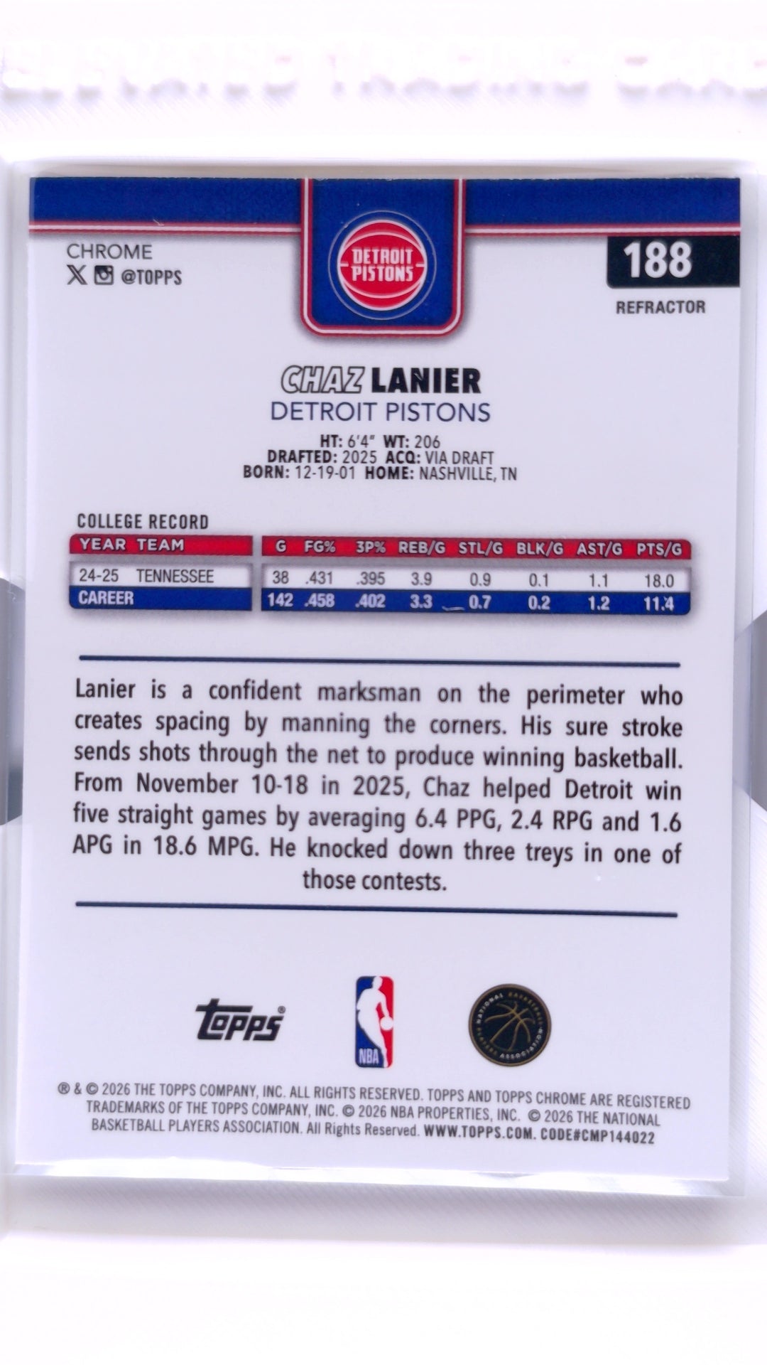 #188 Chaz Lanier Rookie Refractor - back