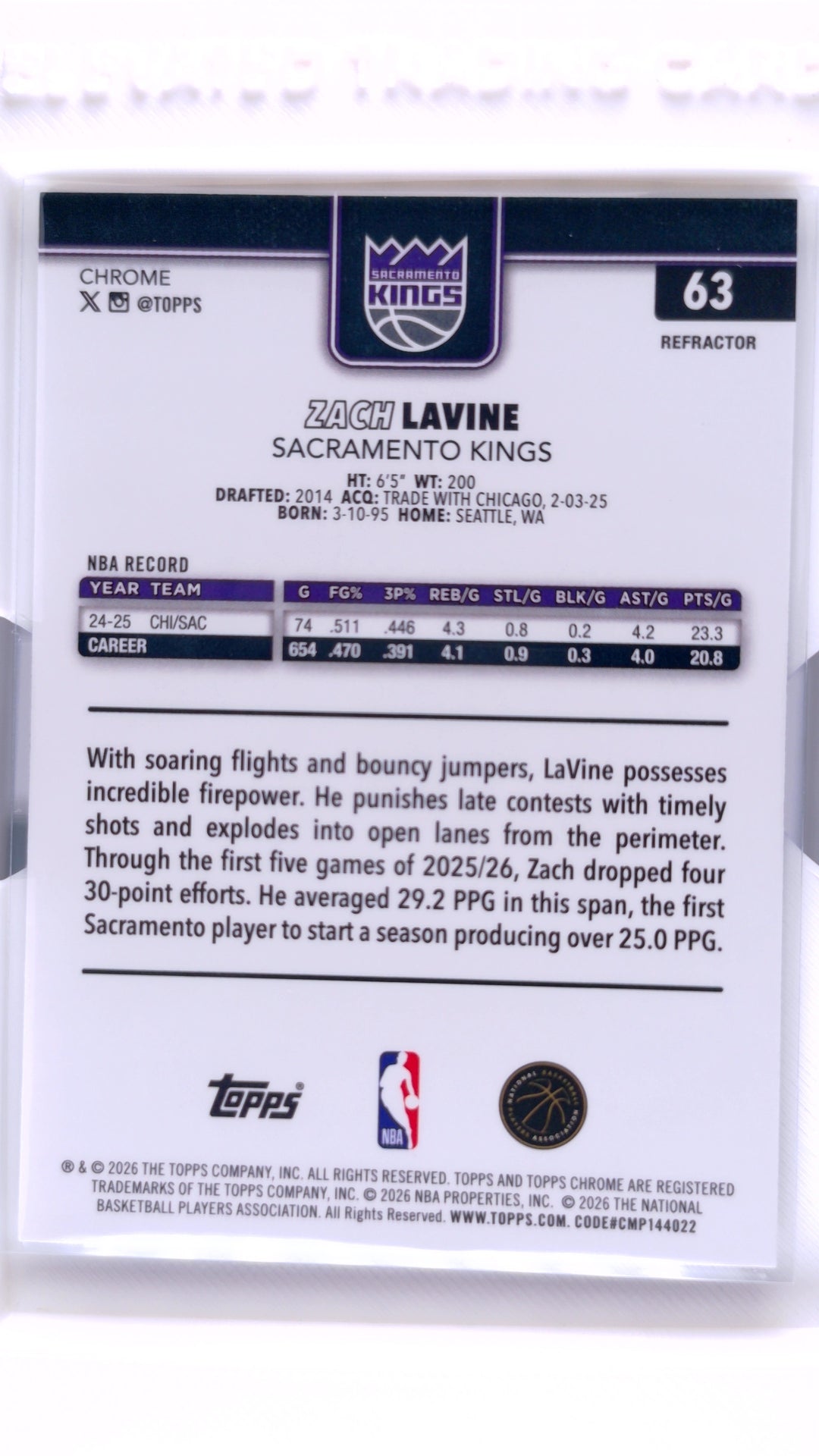 #63 Zach Lavine Refractor - back