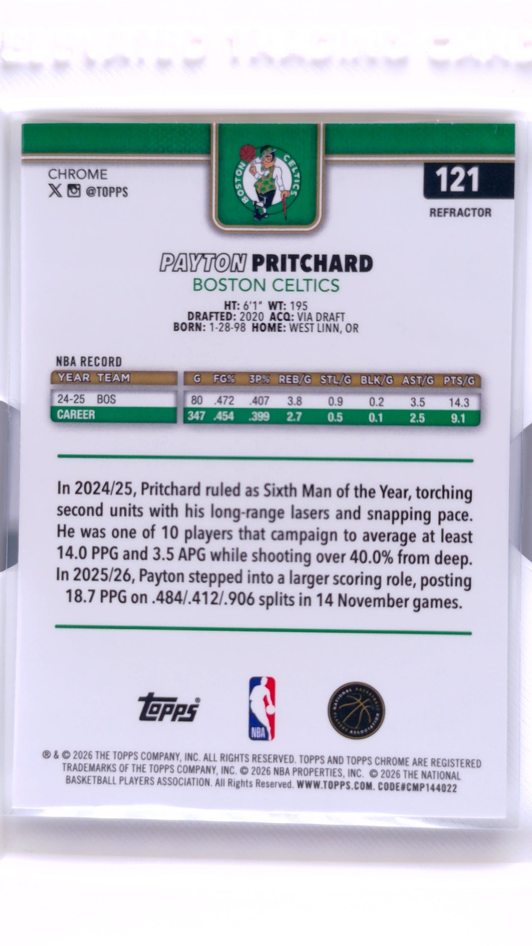 #121 Payton Pritchard Refractor - back