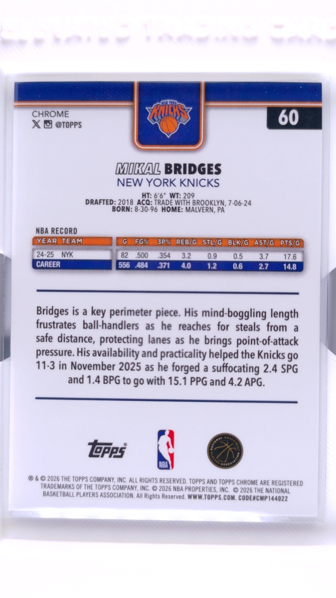 #60 Mikal Bridges Refractor - back