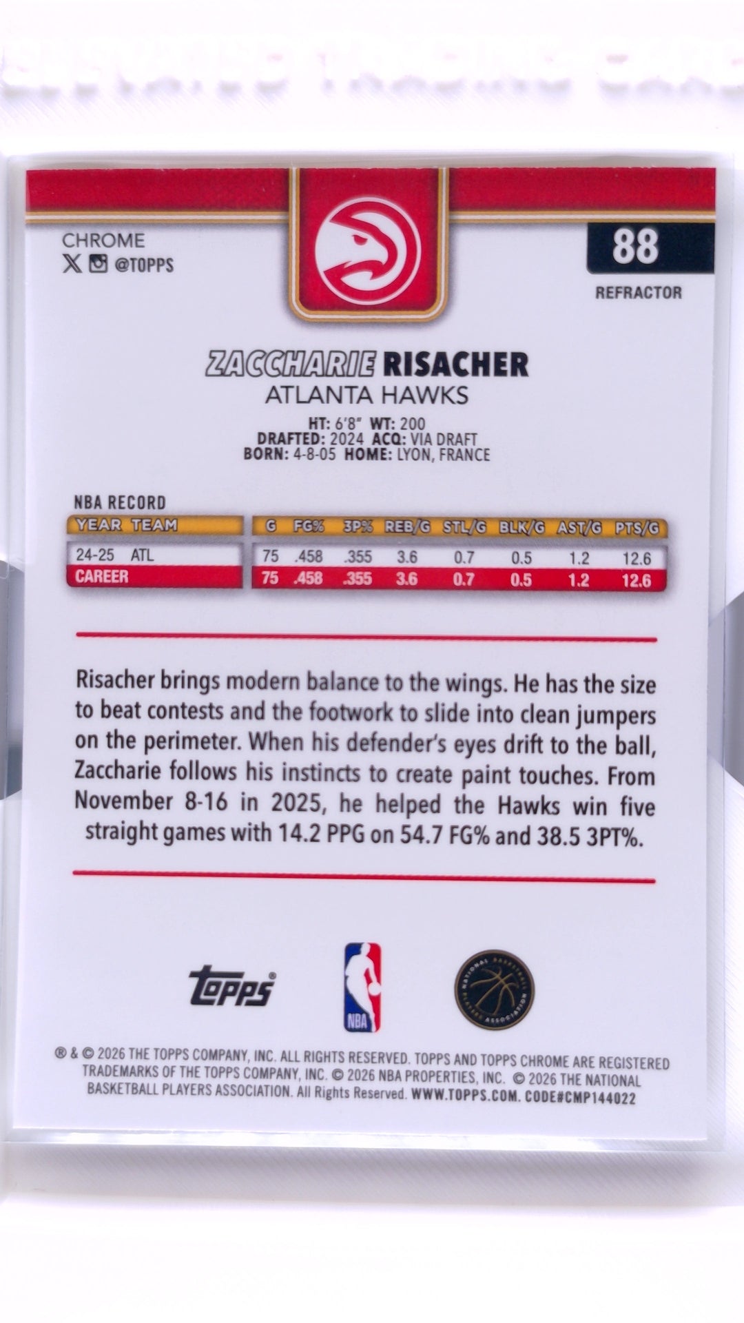 #88 Zaccharie Risacher Refractor - back