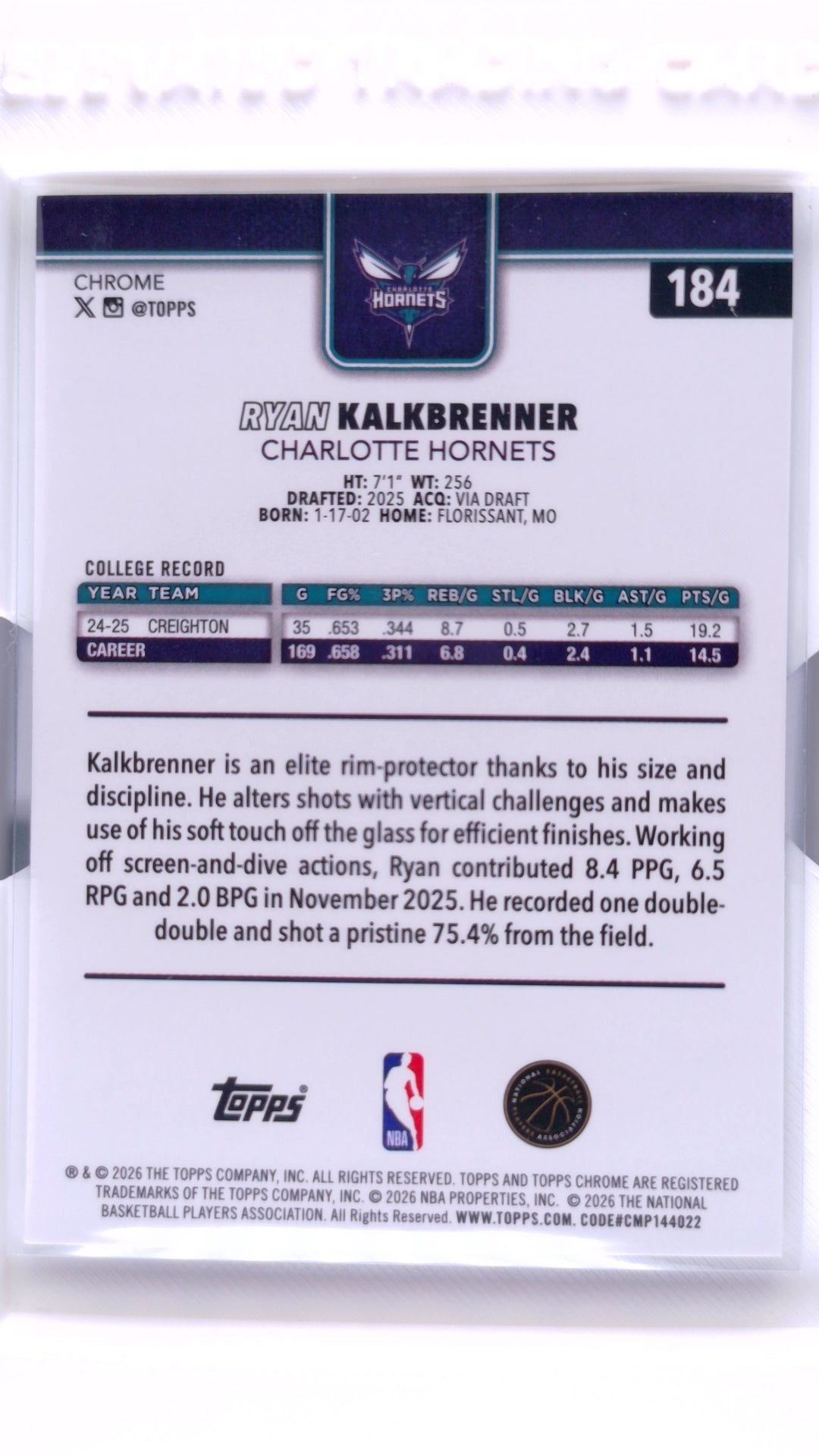 #184 Ryan Kalkbrenner Rookie Refractor - back