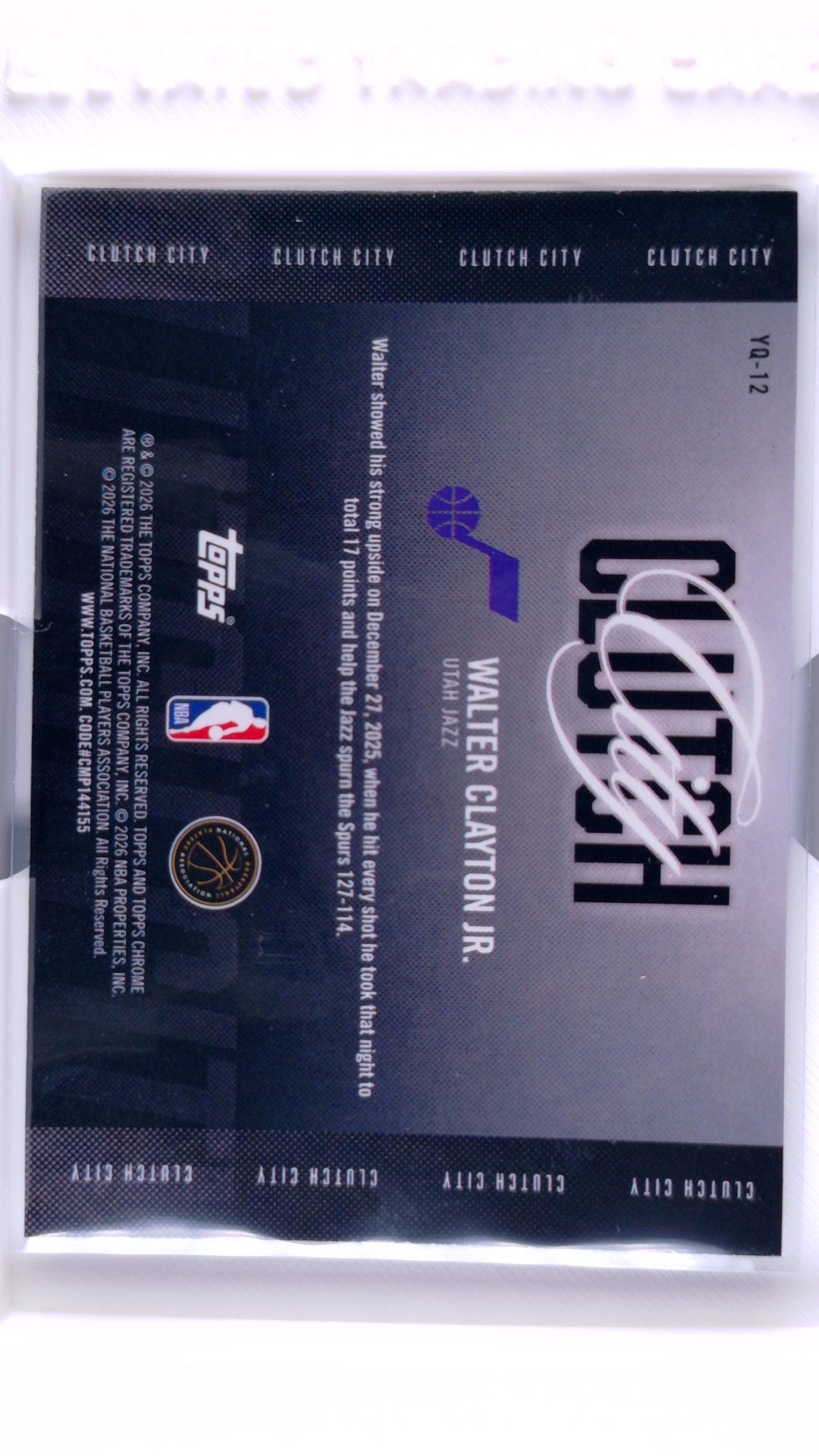 #YQ-12 Walter Clayton Jr. Rookie Clutch City - back