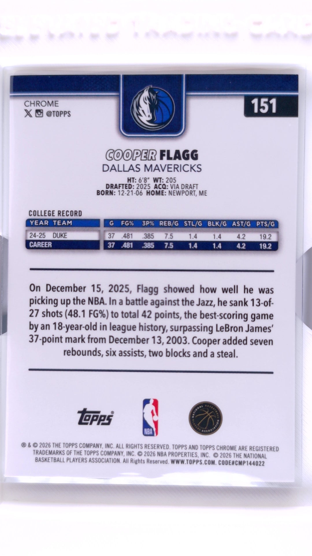 #151 Cooper Flagg Rookie - back
