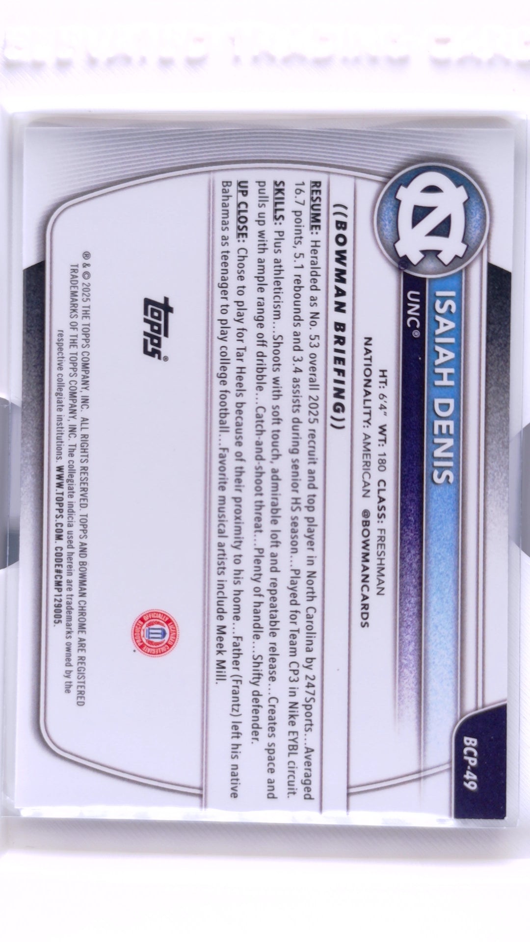#BCP-49 Isaiah Denis Chrome Prospects Reptilian Refractor - back