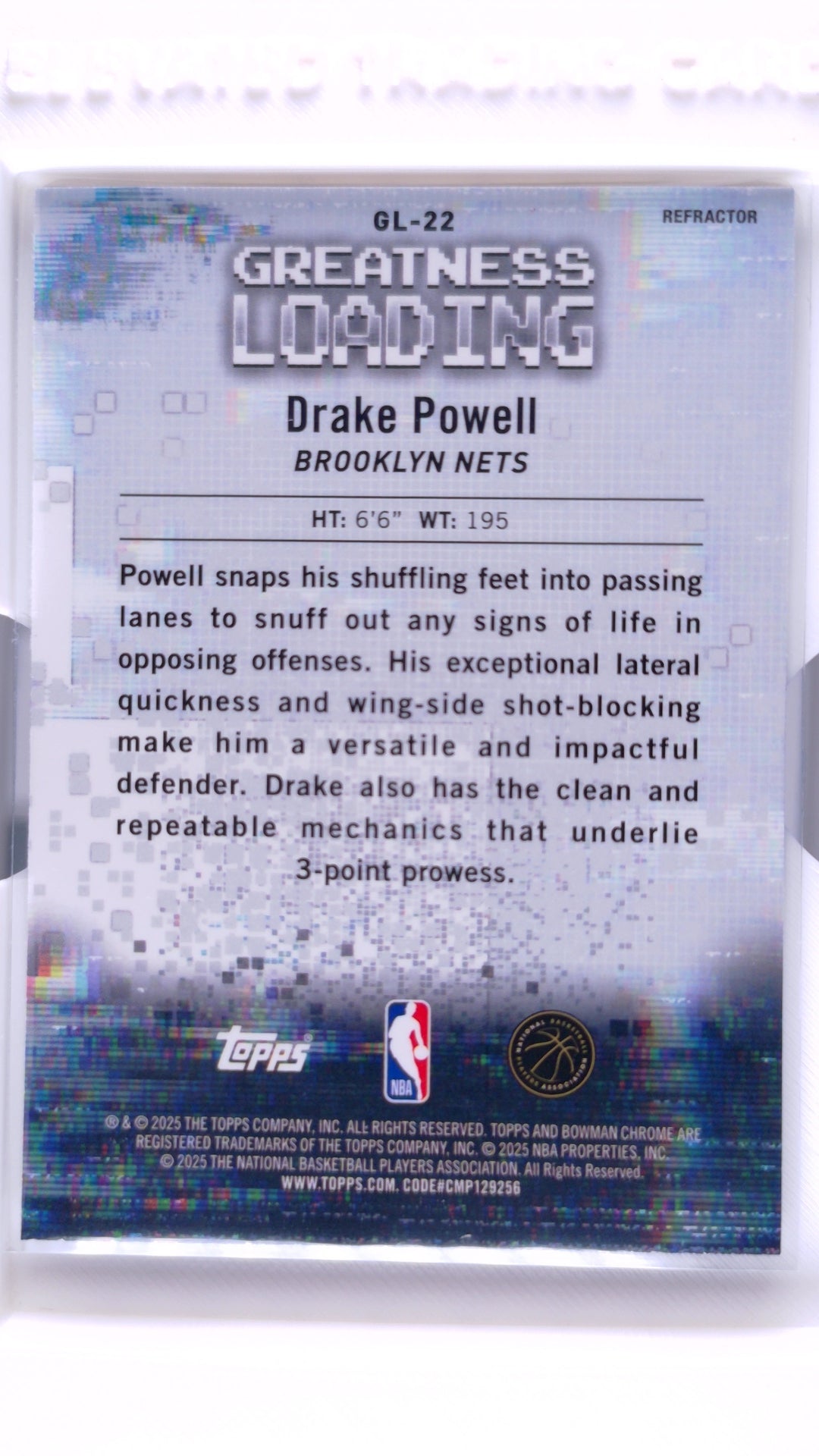 #GL-22 Drake Powell Rookie Greatness Loading Refractor - back