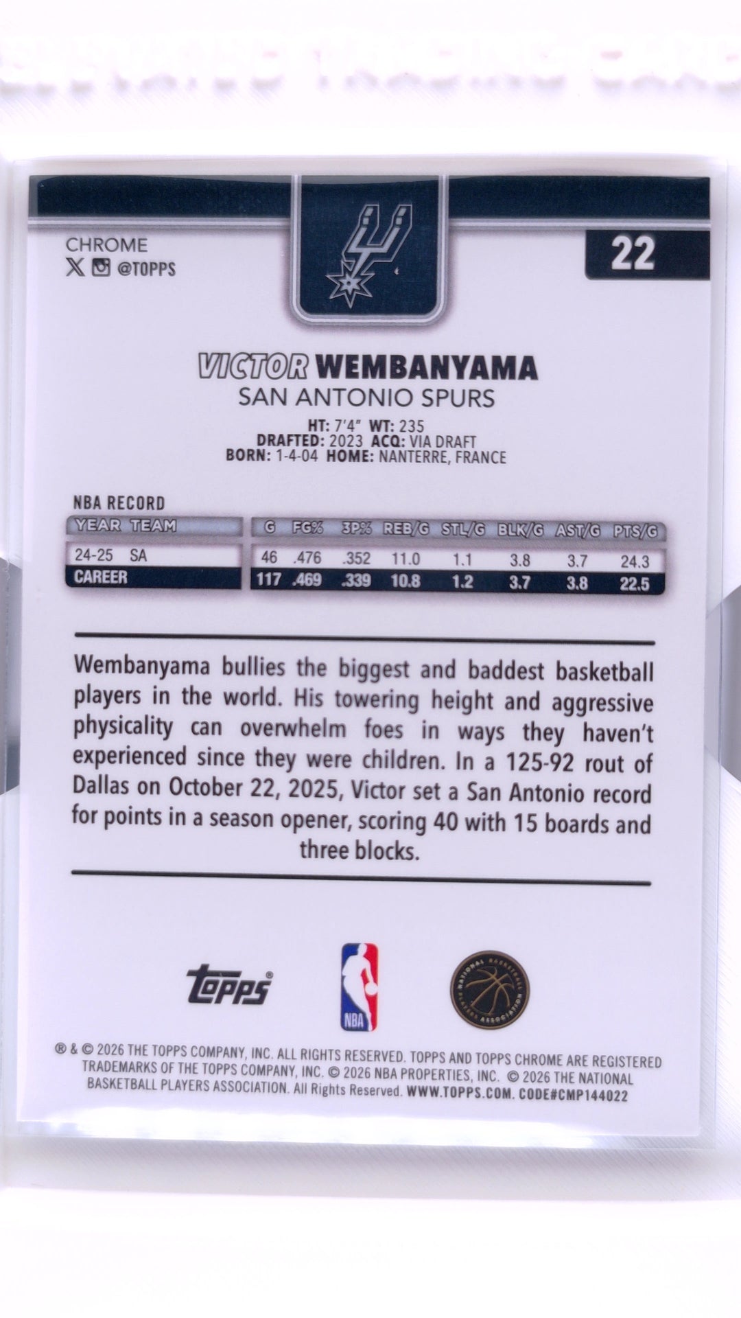 #22 Victor Wembanyama Red, White & Blue Refractor - back