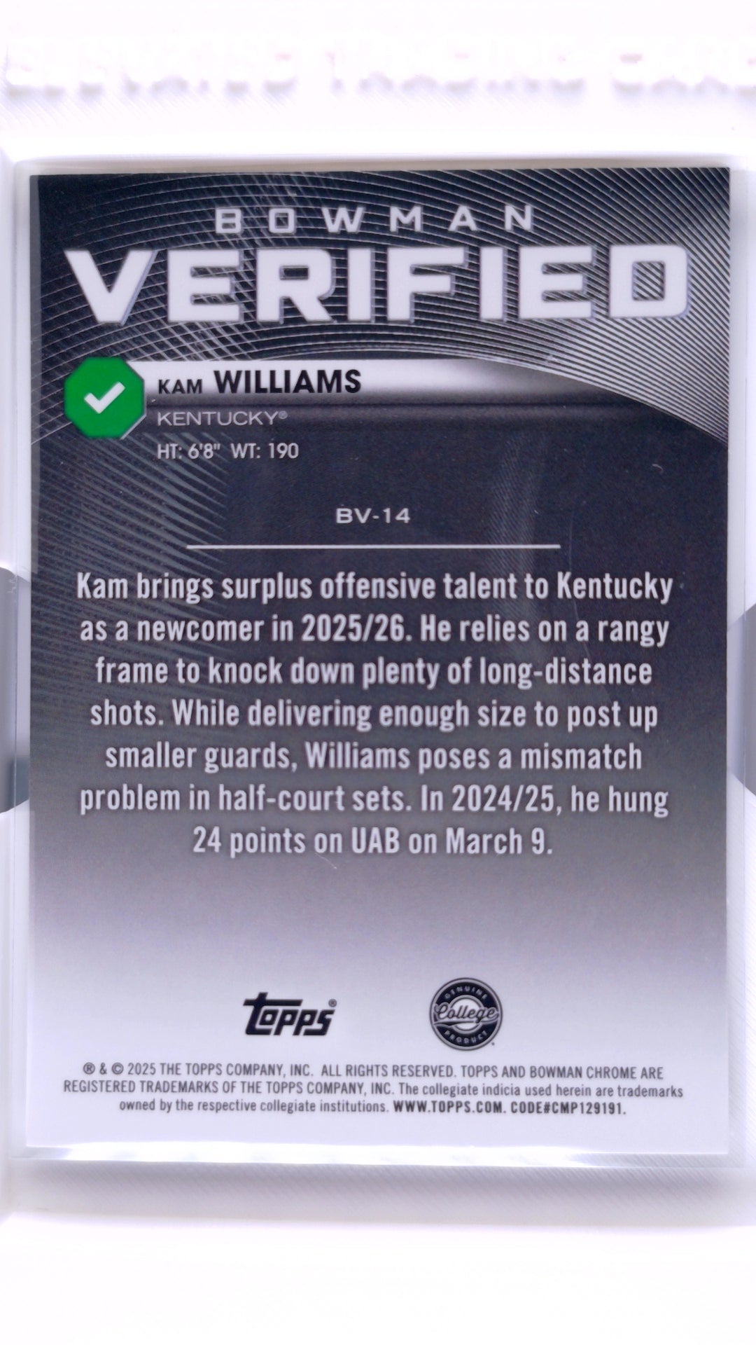 #BV-14 Kam Williams Bowman Verified - back
