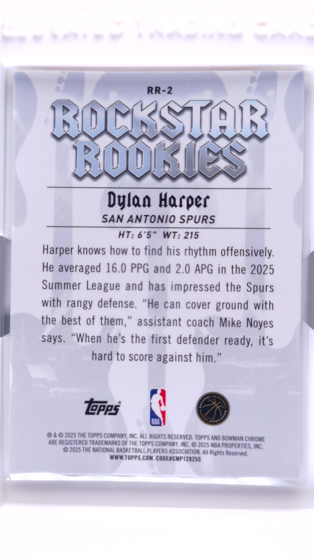 #RR-2 Dylan Harper Rookie Rockstar Rookies - back
