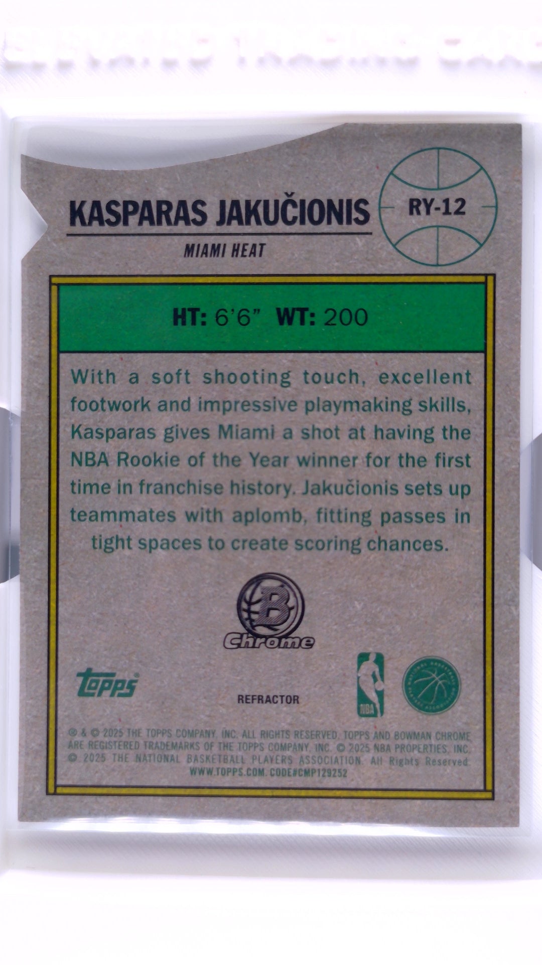 #RY-12 Kasparas Jakučionis Rookie ROY Favorites Refractor - back
