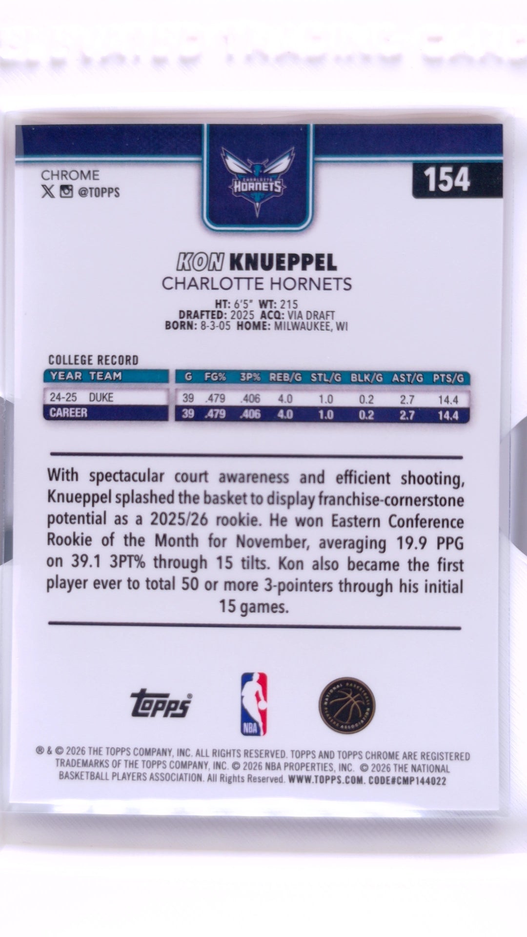 #154 Kon Knueppel Rookie Red, White & Blue Refractor - back