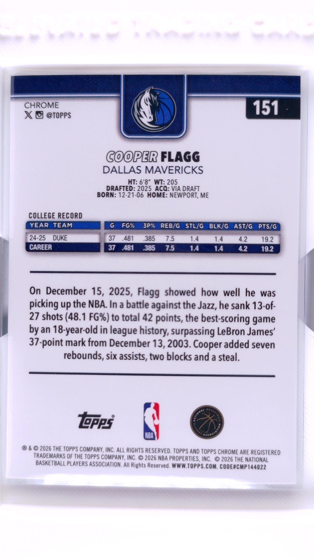 #151 Cooper Flagg Rookie - back