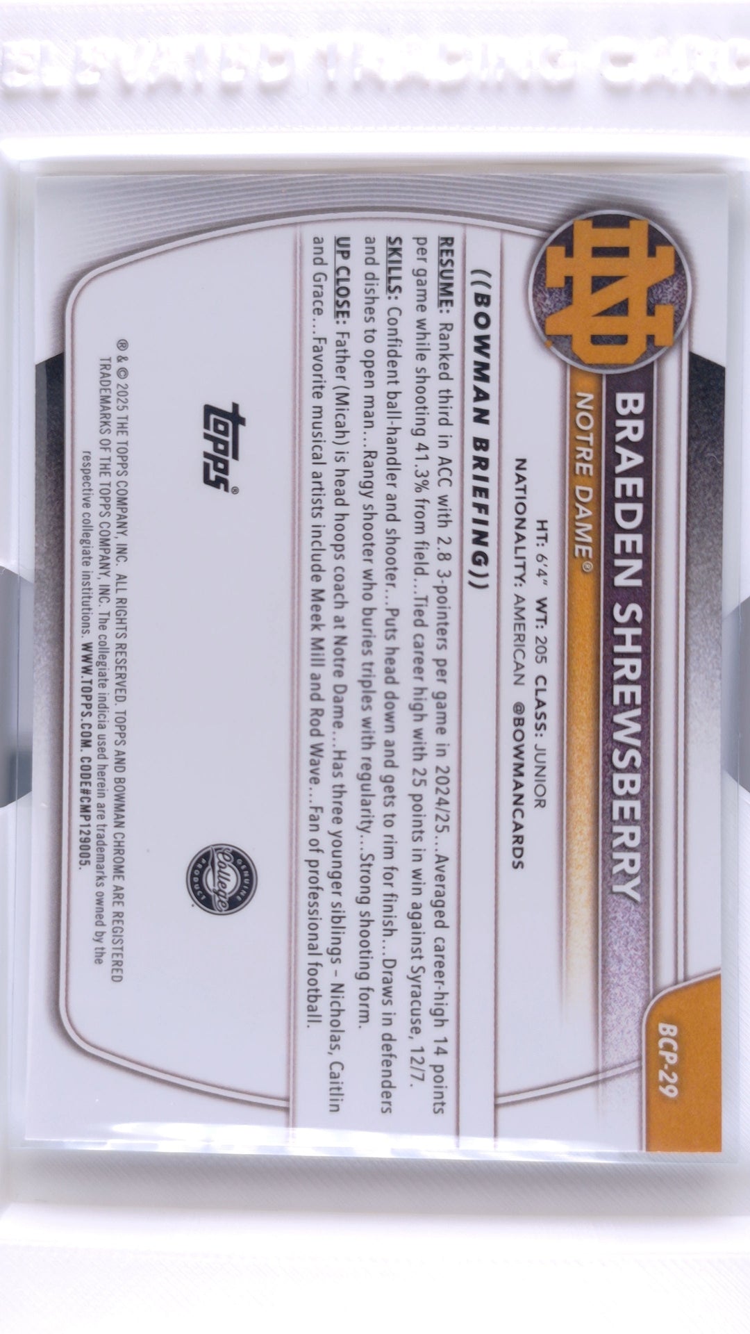 #BCP-29 Braeden Shrewsberry Chrome Prospects - back