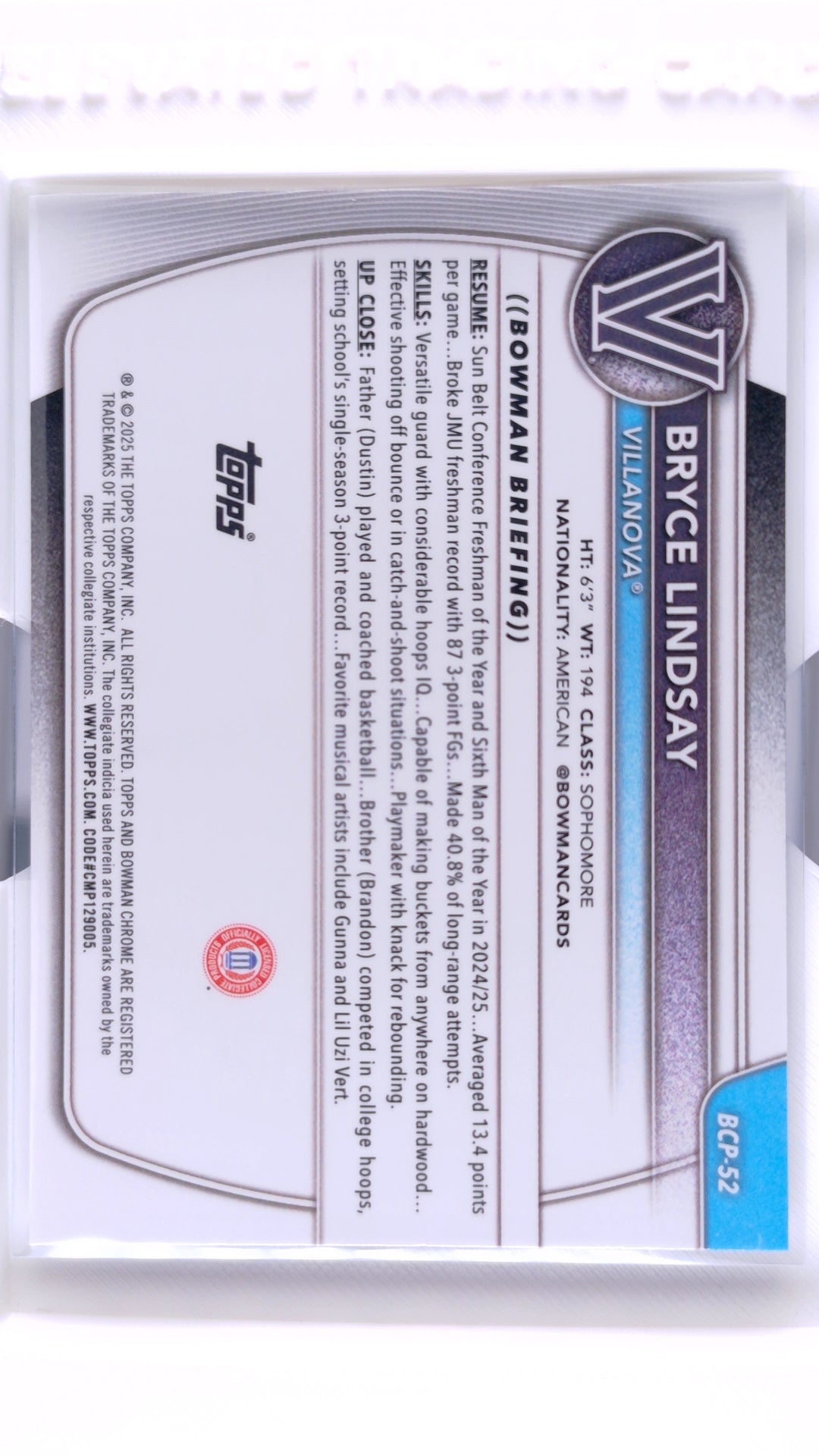 #BCP-52 Bryce Lindsay Chrome Prospects - back