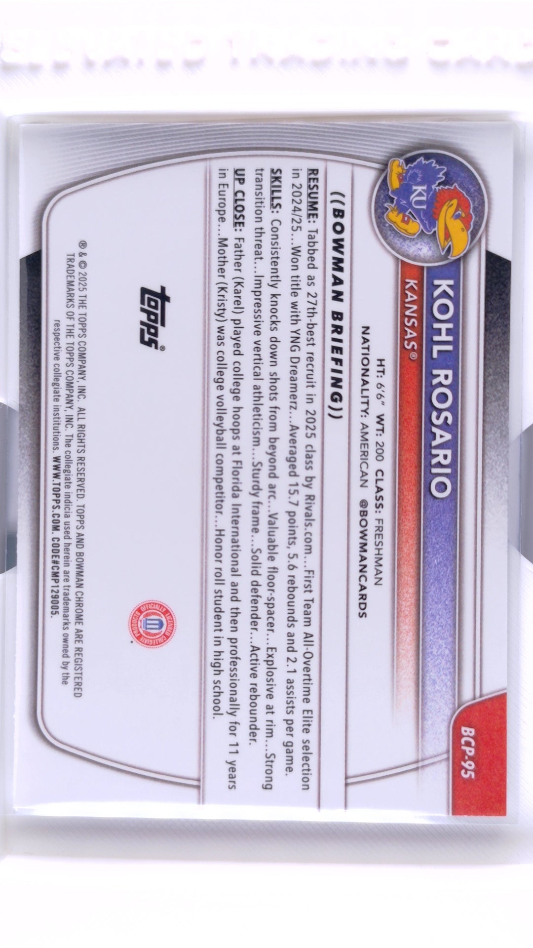 #BCP-95 Kohl Rosario Chrome Prospects - back