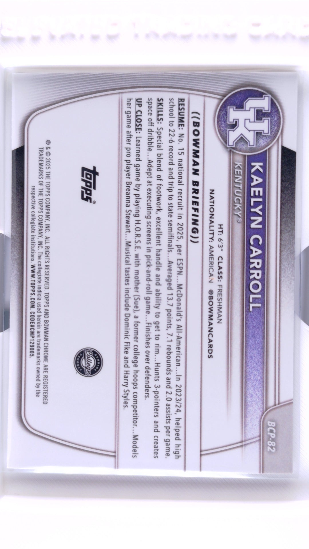 #BCP-82 Kaelyn Carroll Chrome Prospects - back