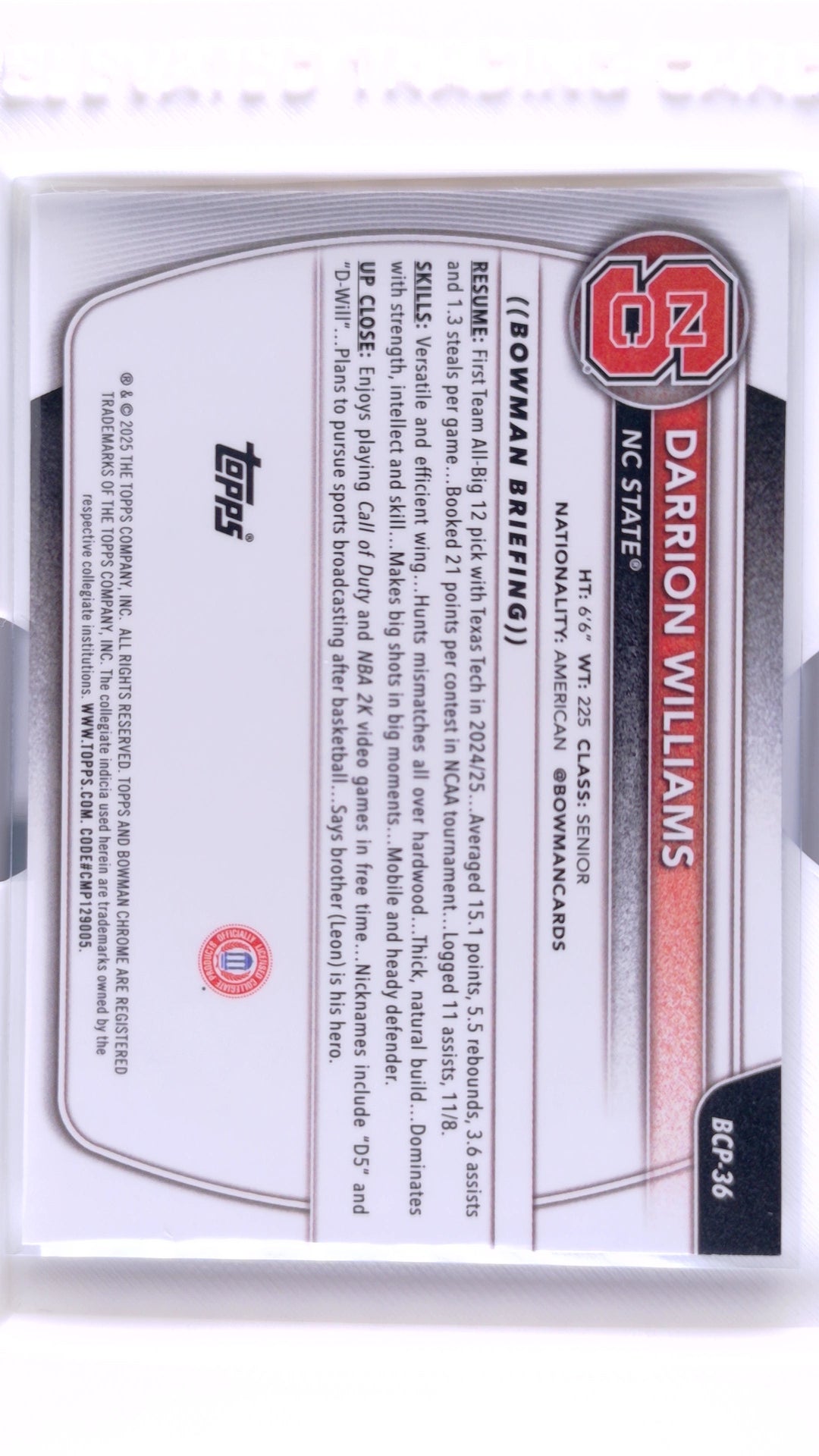 #BCP-36 Darrion Williams Chrome Prospects - back