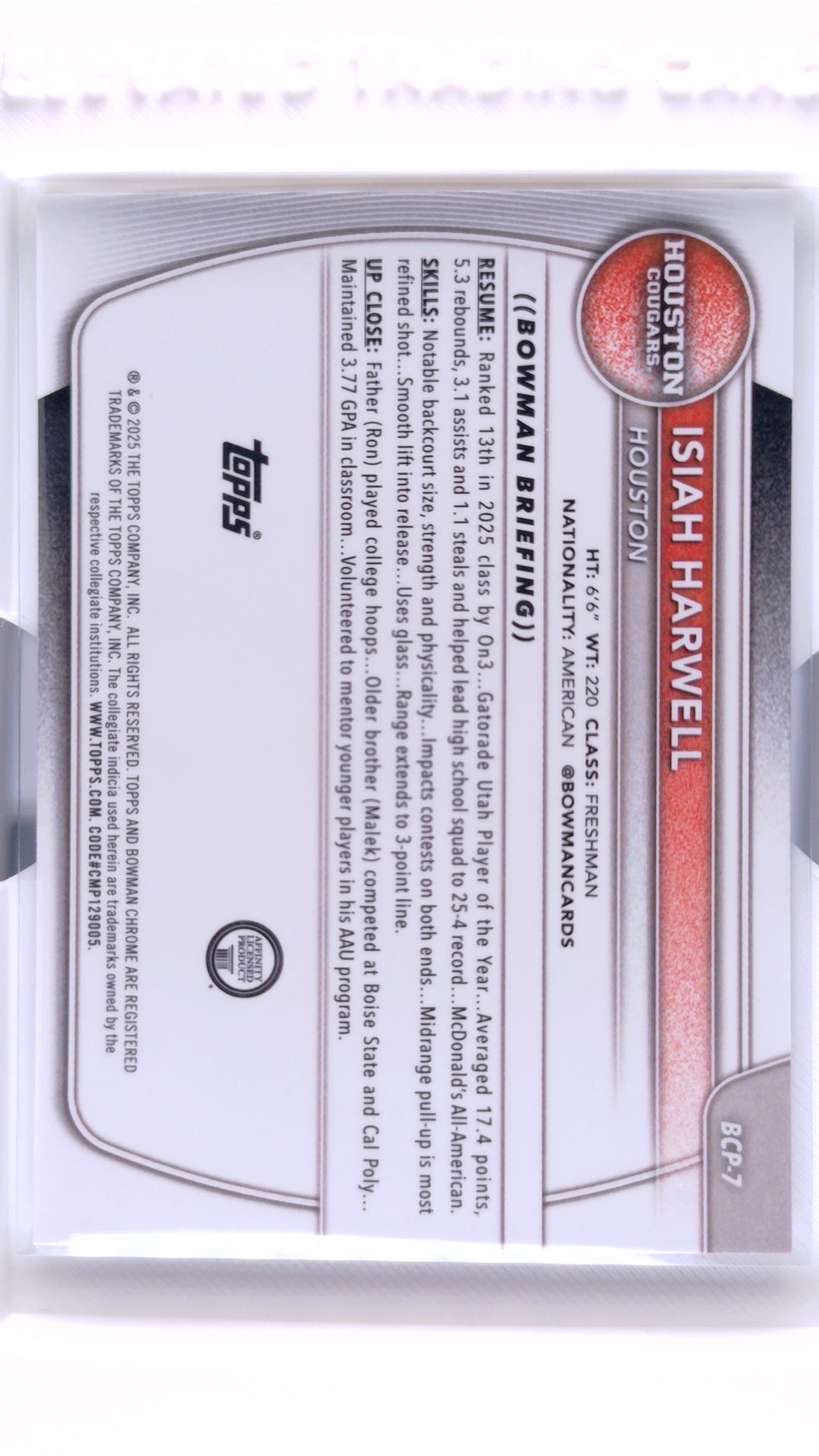 #BCP-7 Isiah Harwell Chrome Prospects - back