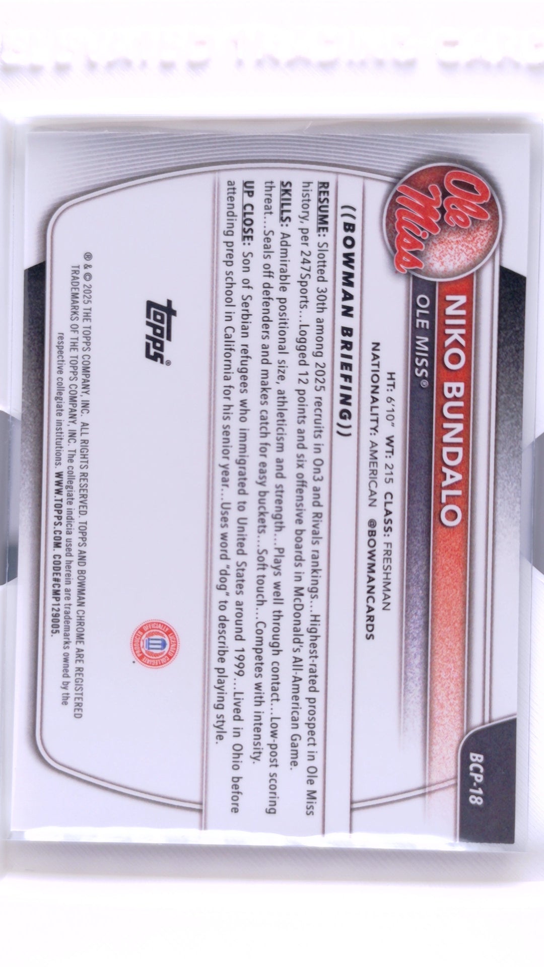 #BCP-18 Niko Bundalo Chrome Prospects - back