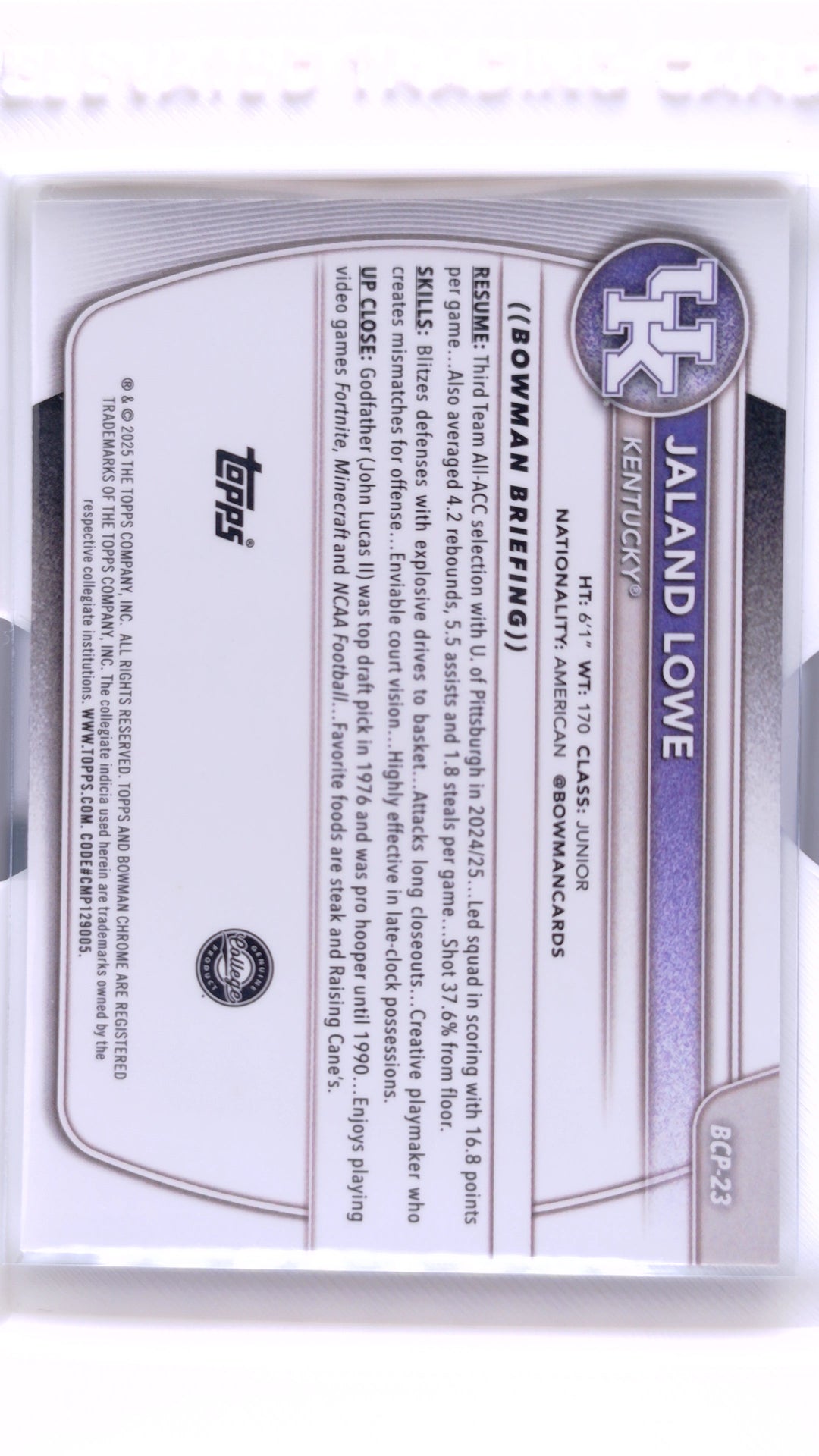 #BCP-23 Jaland Lowe Chrome Prospects - back