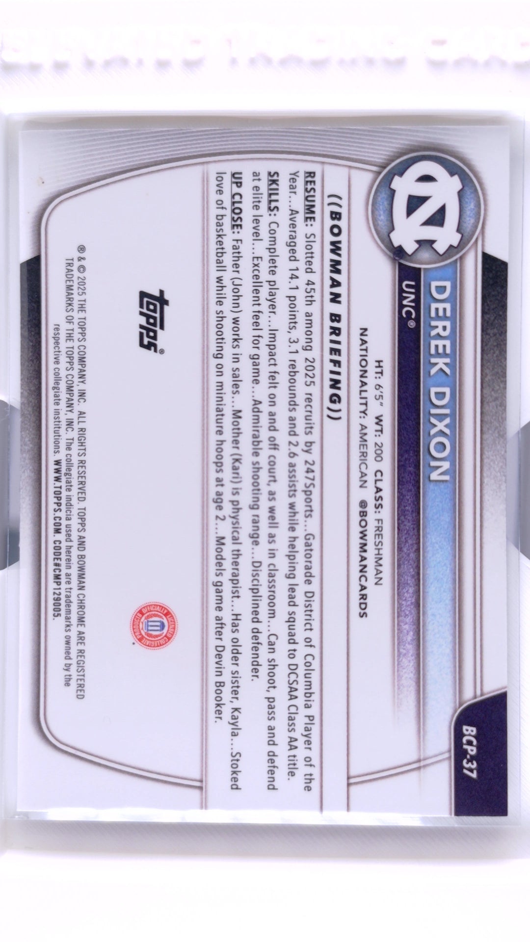 #BCP-37 Derek Dixon Chrome Prospects - back