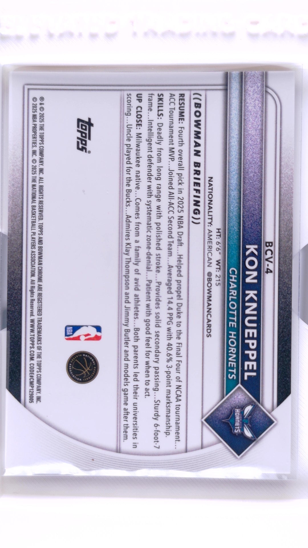 #BCV-4 Kon Knueppel Rookie Chrome Gold Shimmer Refractor #44/50 - back
