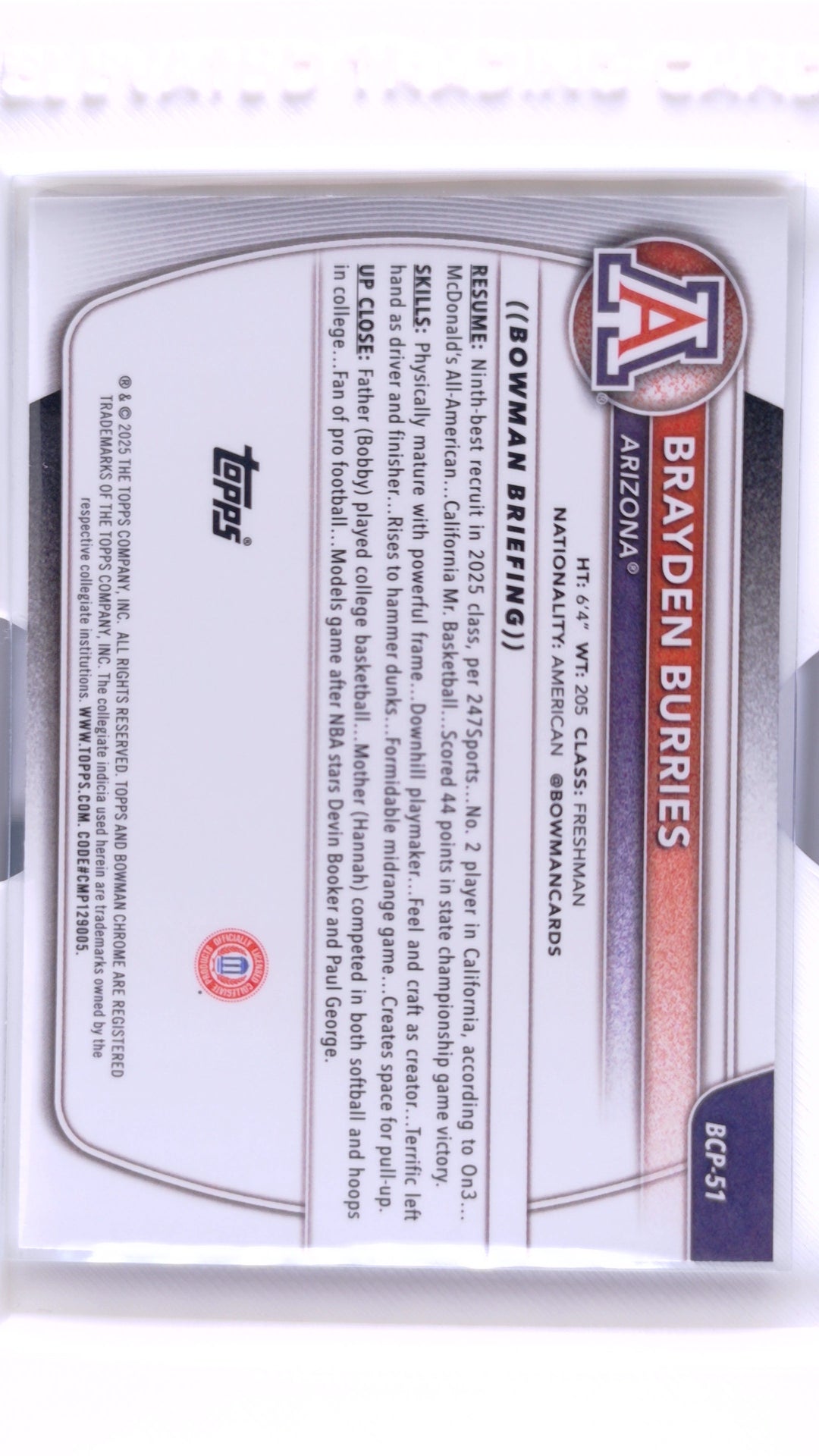 #BCP-51 Brayden Burries Chrome Prospects - back
