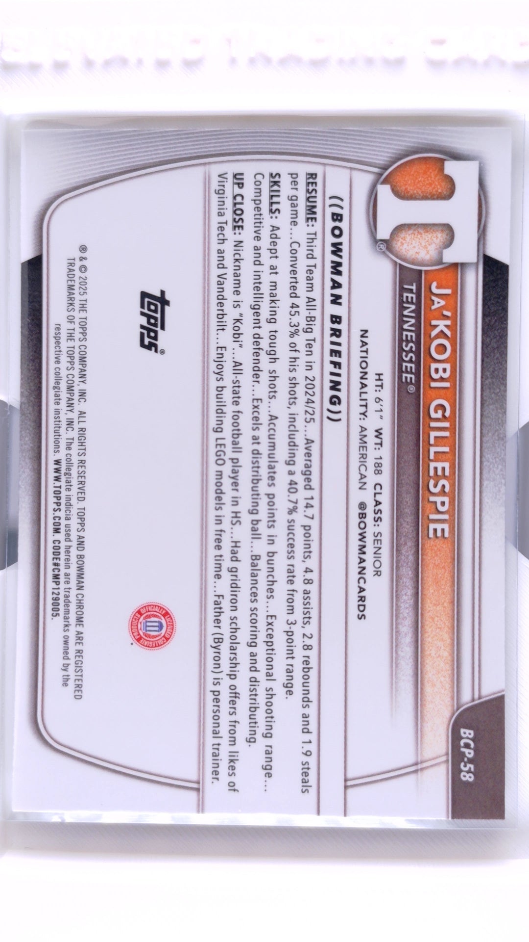 #BCP-58 Ja'Kobi Gillespie Chrome Prospects - back
