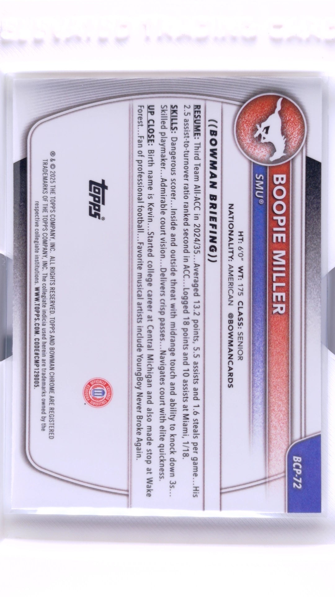 #BCP-72 Boopie Miller Chrome Prospects - back
