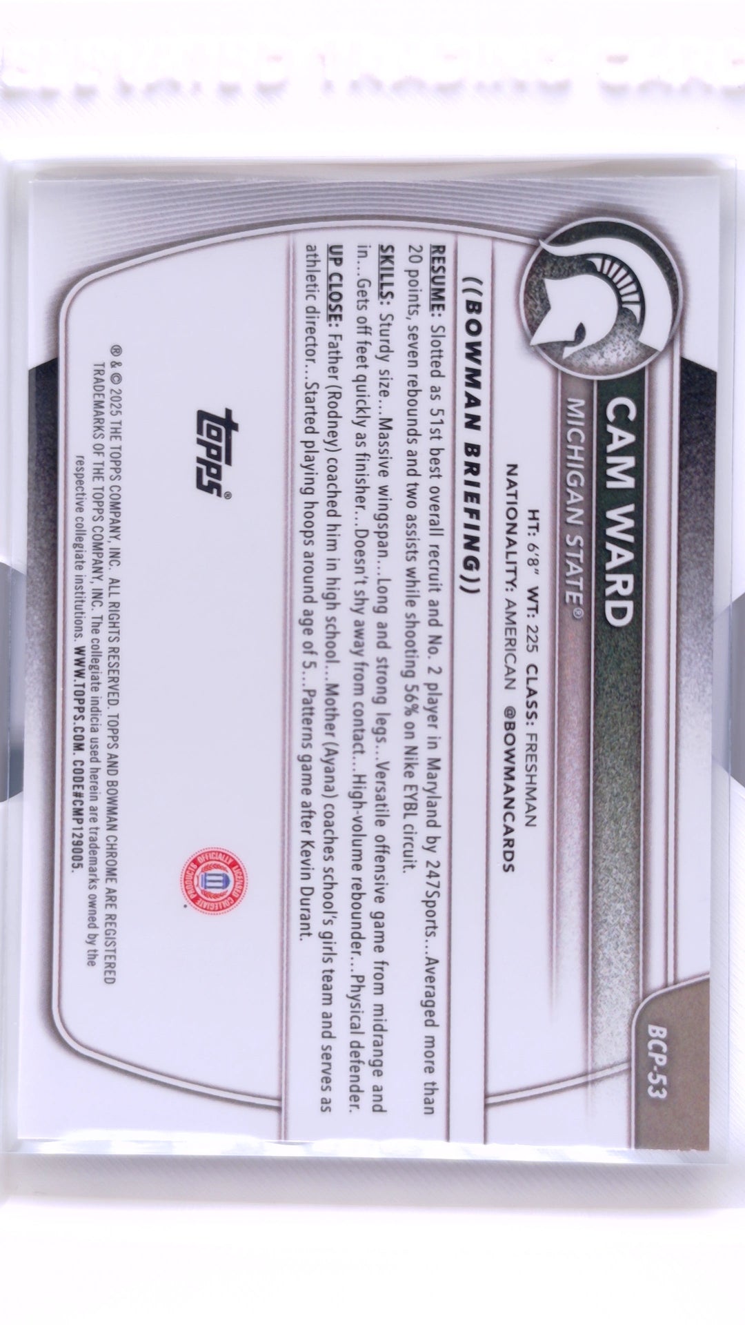 #BCP-53 Cam Ward Chrome Prospects - back