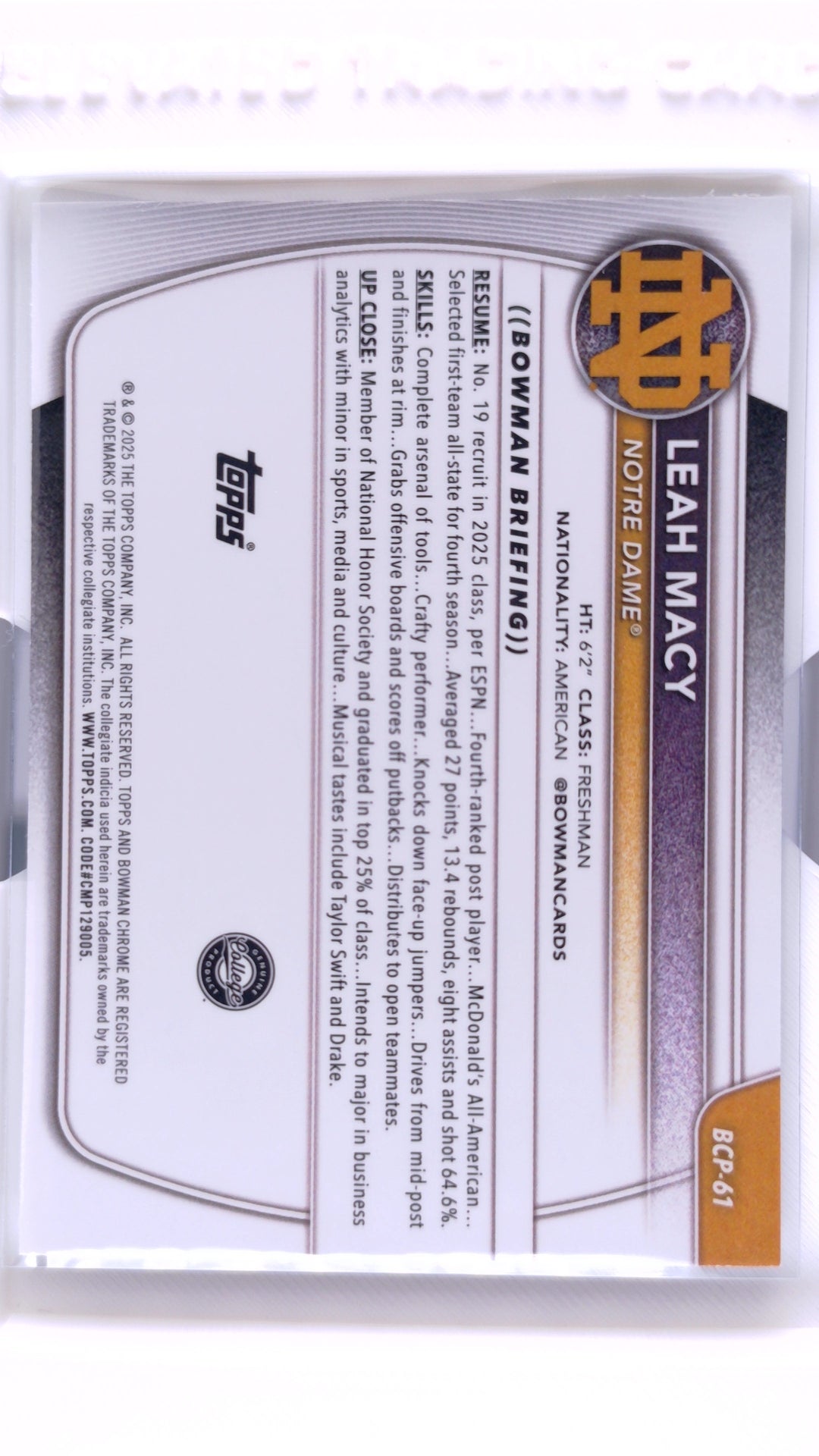 #BCP-61 Leah Macy Chrome Prospects - back
